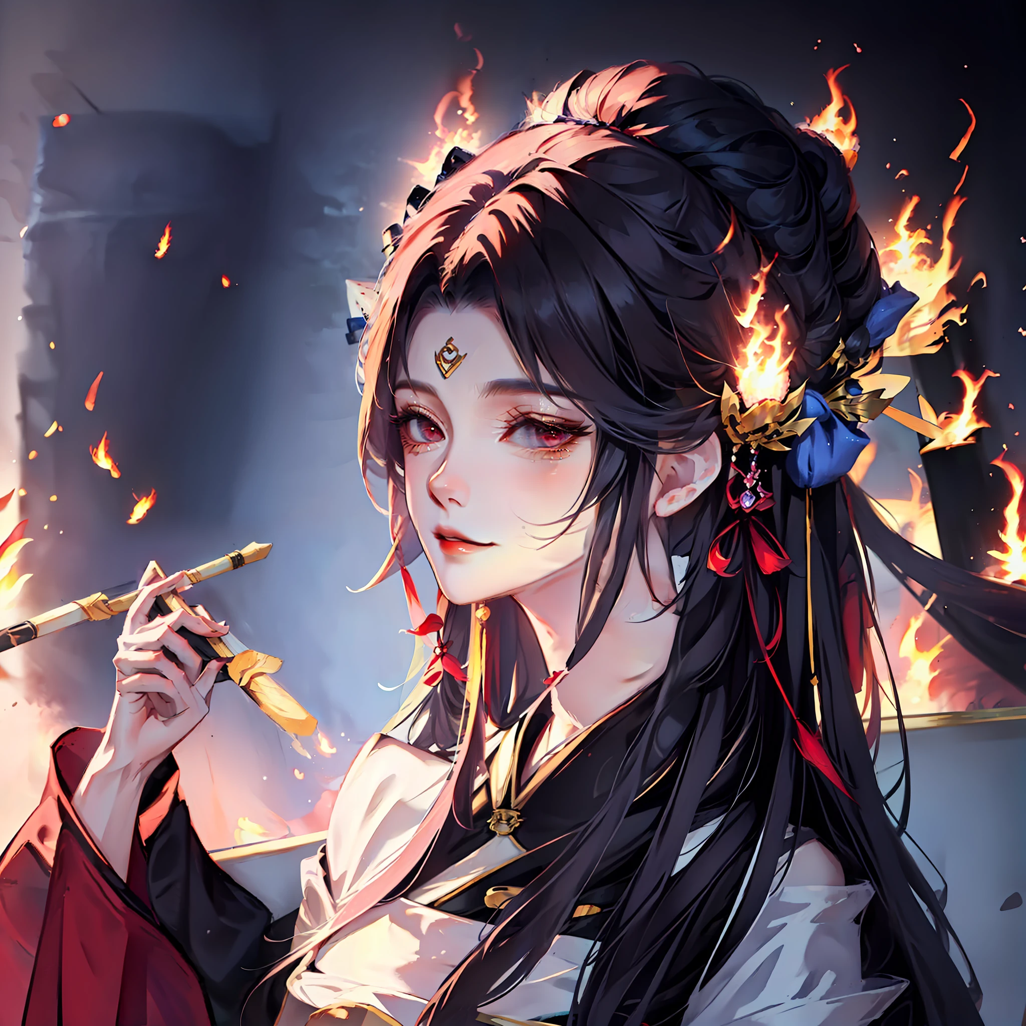 ember, Black and red Hanfu, mischievous smile, Flute on the belt, hairlong, gathered in a high tail, red ribbon in the hair, Wei Ying