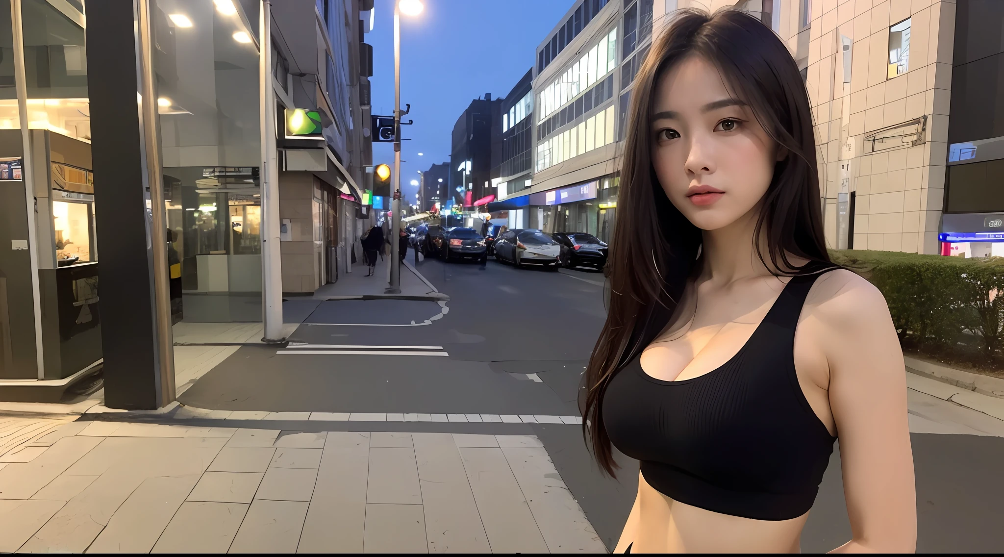 ((Realistic lighting, best qualtiy, 8K, tmasterpiece:1.3)), sharp fokus:1.2, 1个Giant Breast Girl, Beautiful Women with Perfect Figure:1.4, Slim abs:1.1, ((dark brown  hair)), (White crop top:1.4）,（exteriors，during night：1.1），the city street，Ultra-fine face，Fine eyes，二重まぶた，The upper part of the body