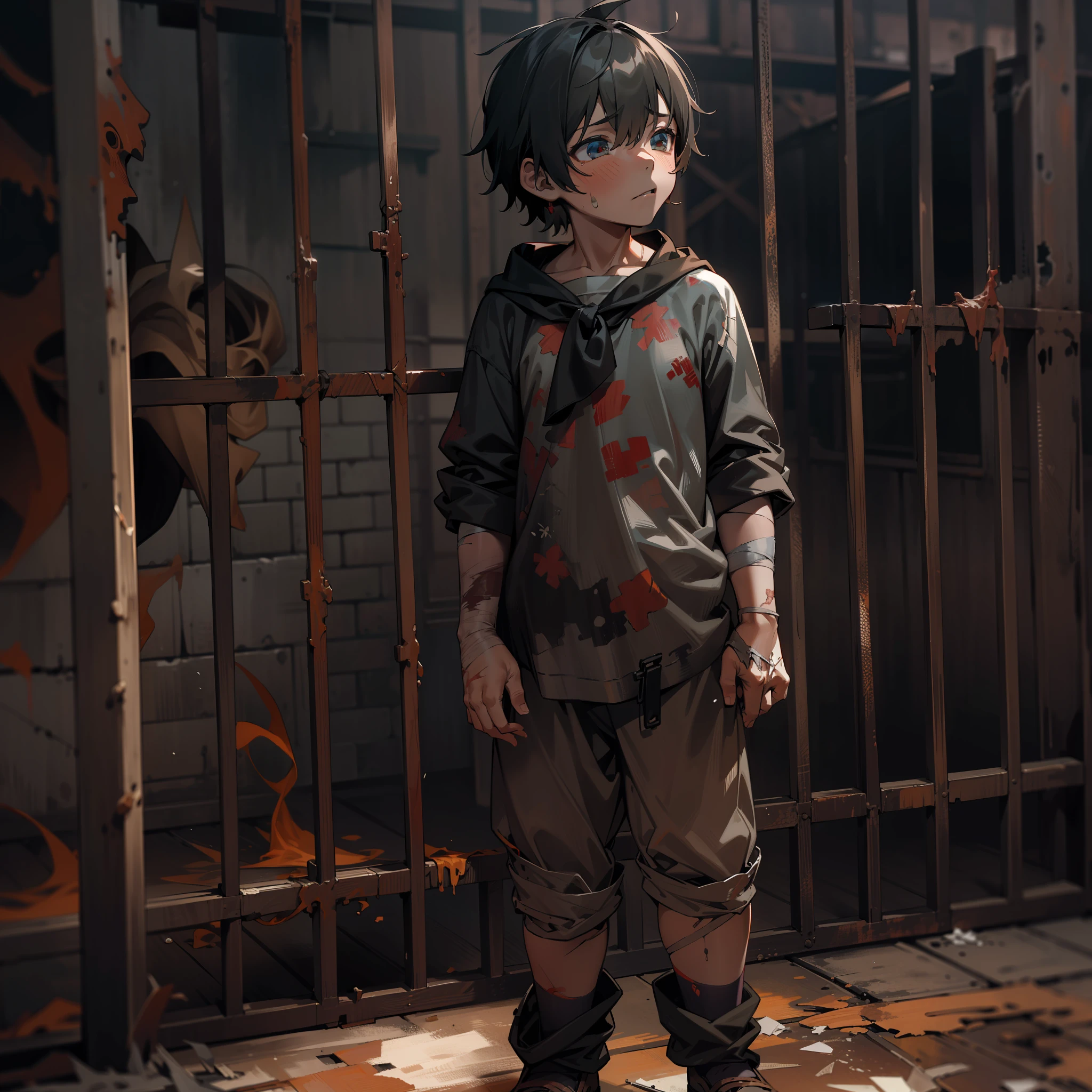 A six-year-old boy stands in a rusty cage,Shota,bareness,teardrop,Poor Baba,Ragged clothes,unkempt,wounded。A high resolution,best qualtiy,tmasterpiece,shadowy,unreal-engine,abused
