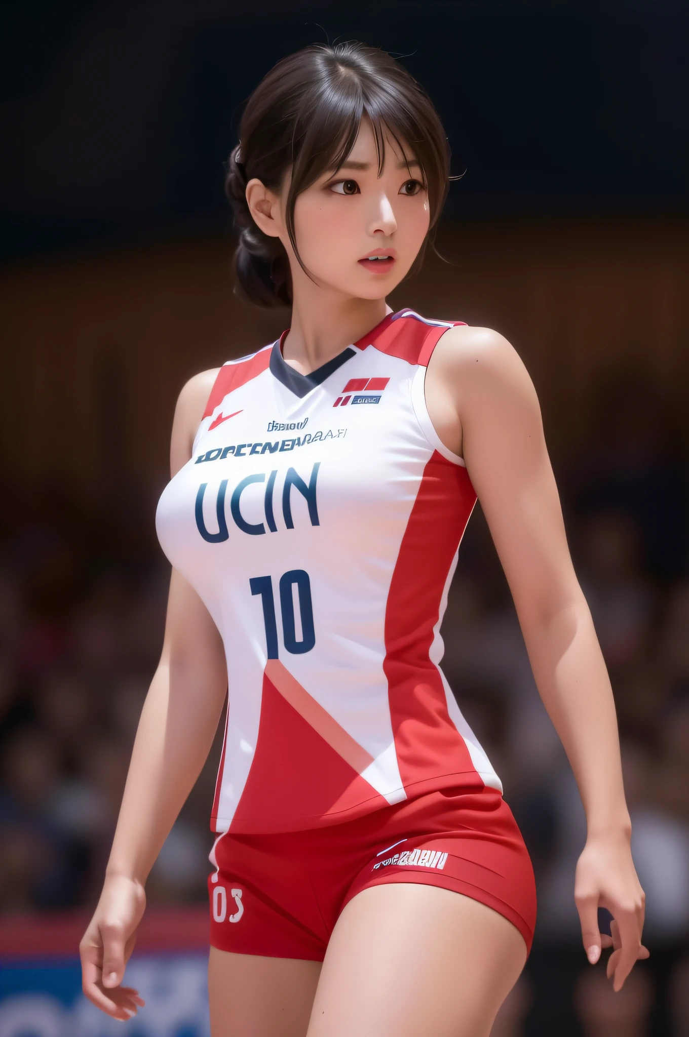 Close-up of a woman in a red and white uniform, wearing a volleyball jersey, Chiho ashima, deayami kojima, Japanese model, kazue kato, Kim Hyun-joo, Erika Ikuta, wearing basketball jersey, Yoshitomo Nara, sui ishida, yukii morita, makoto kano