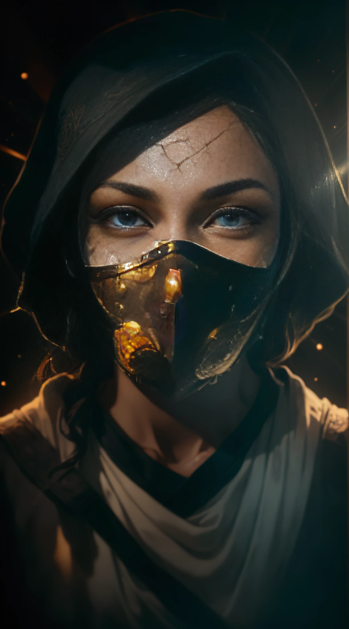 ((masterpiece)), ((best quality)), 8k, high detailed, ultra-detailed, A person unveiling a mask, revealing an expression of truth, eyes filled with determination and face showing a mix of surprise and relief,((bright spotlight), intense gaze, (cracked mask), (shadows dancing in the background), (rays of light illuminating the face)
