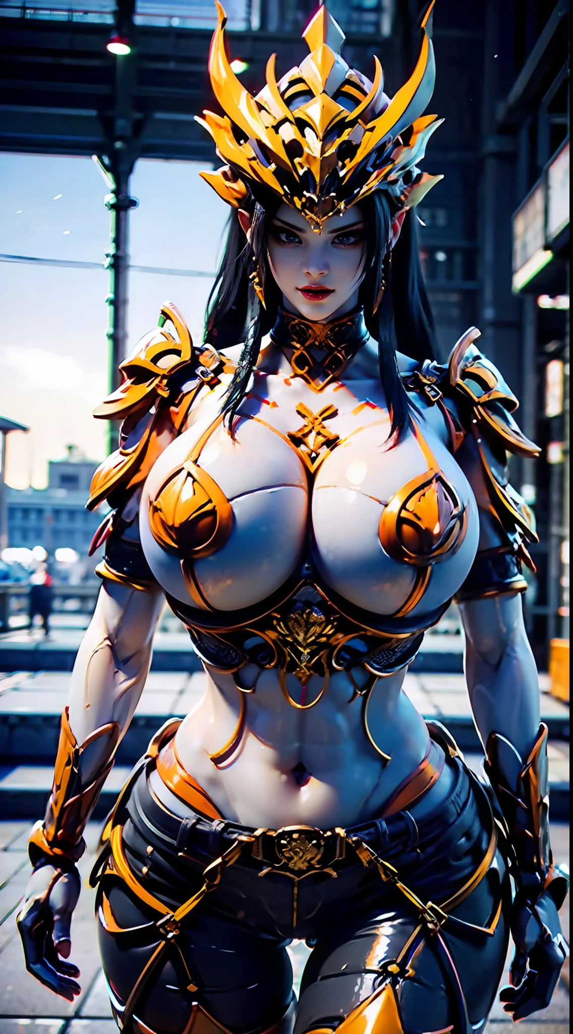 ((Unreal Engine 5)), Realistic Rendering, Excellent, Full armor, knight Cloak, helm, (Yoga hotpants), looking on camera, sexy posing walking down on street, waifu, beautiful face, makeup, CGImix, (photorealism:1.2), ultrarealistic uhd face, (huge fake boobs:1.4), (gigantic breasts:1.1), (muscle abs), (big butt), (wide hips), (thick thighs), slim waist, hourglass figure, half body, ((glowing skin)), ((shiny skin)), Realistic body, ((she is sexy body)), ((clean skin)), photorealistic, bokeh, motion blur, masterpiece, highres, 1080P, super detail, textured skin