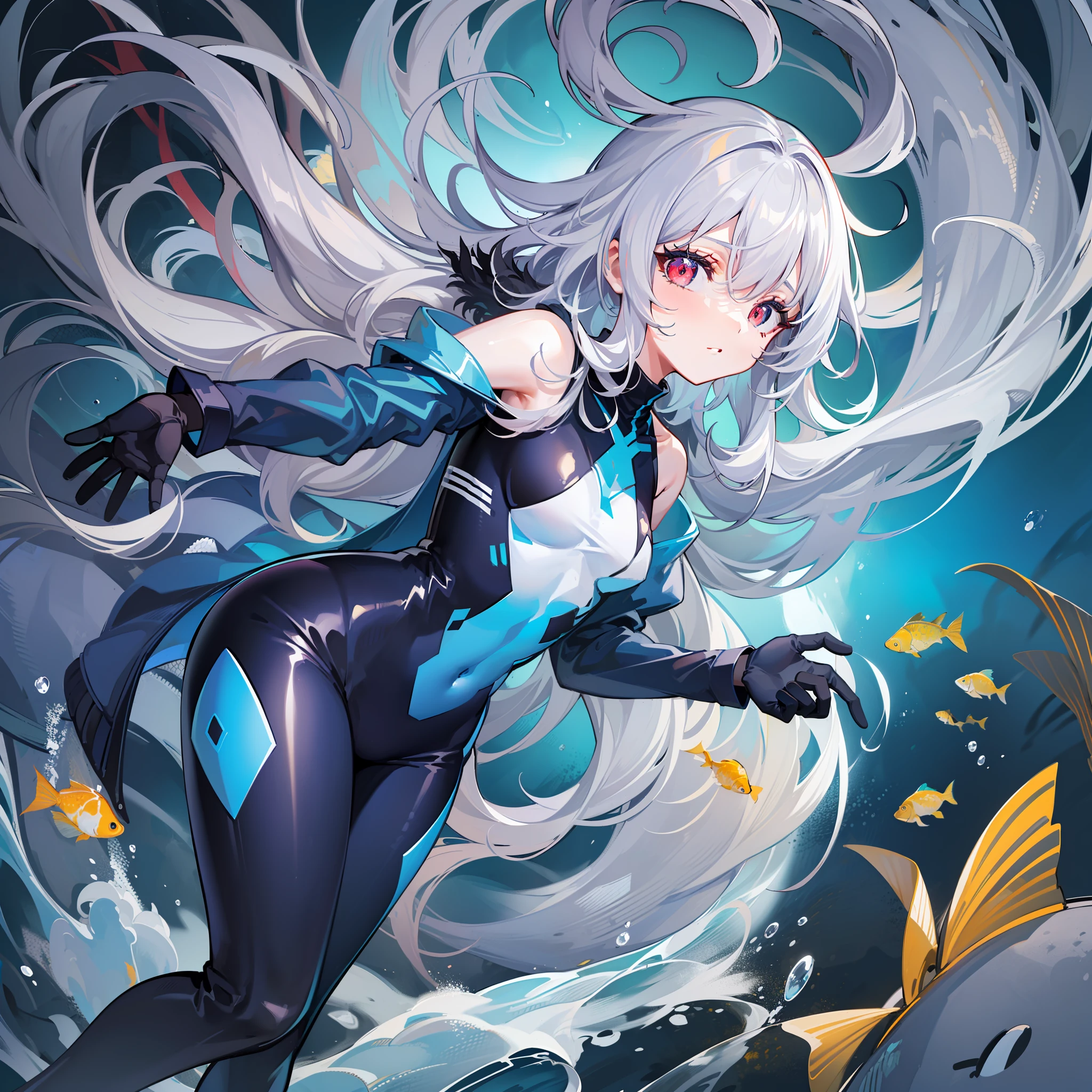 (Golden ratio:1.2),[(Blue background:1.4)::10],(Masterpiece), (Best quality), (Ultra detailed),(Disheveled hair),(illustration),(1 girl:1.3),Solo,full body,White hair,(The hair reaches the ground:1.3)+(with hair dishevelled:1.3)+(The ends of the hair are dyed fluorescent blue:1.4),hair covering one eye,Red eyes,Flat chest,(Tall，Tall),Small butt,(tight bodysuit:1.2)+(Dark blue coat:1.2)+(Fish scale gloves:1.4),(atheletic body:1.2),(Floating in the sea:1.2)+(Fluorescent plankton:1.3)+[(Inception:1.2)]