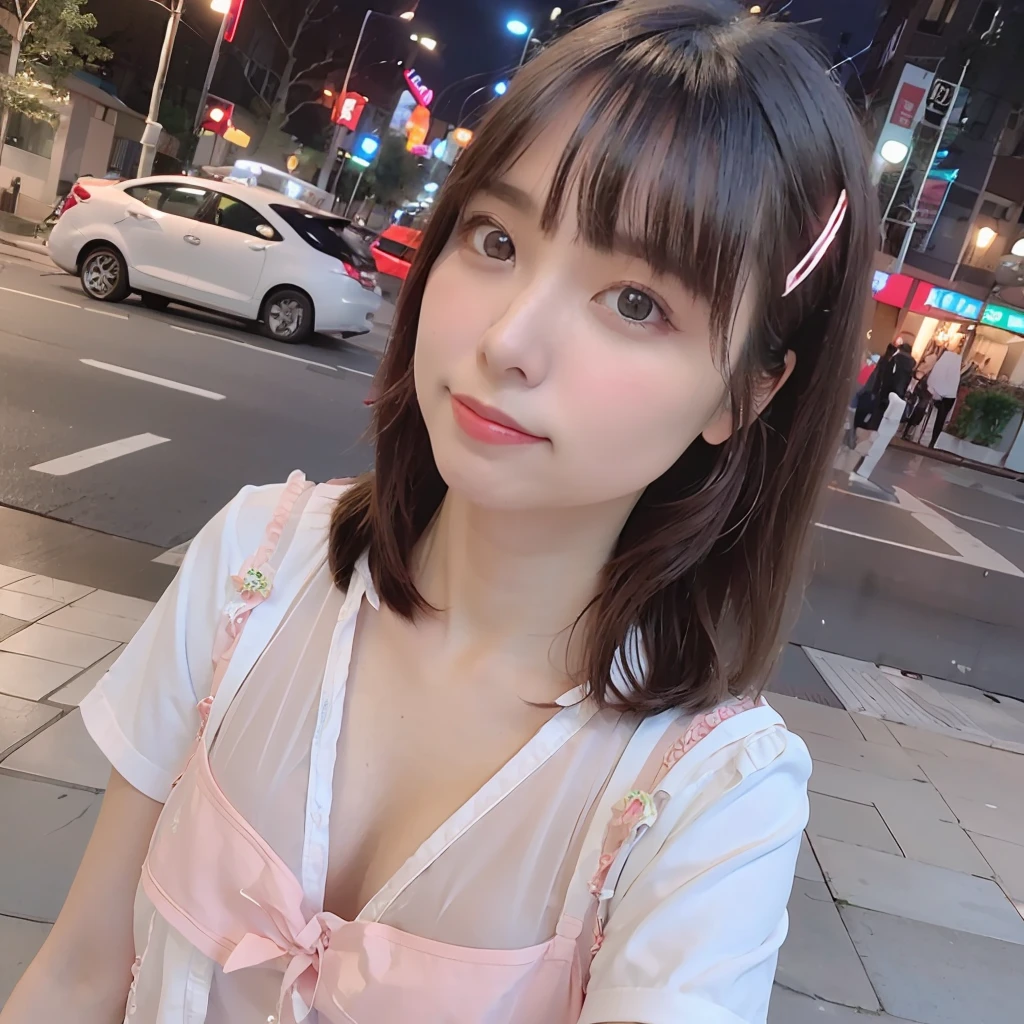top-quality、超A high resolution、(photoRealstic:1.4)、red blush、cute little、(详细的脸)、Light smile、Looking at the camera、Transparent short-sleeved shirt no-bra Revealing cleavage very large breast(Hcup)Protruding chest patch In the street neons Lit up nigh sky