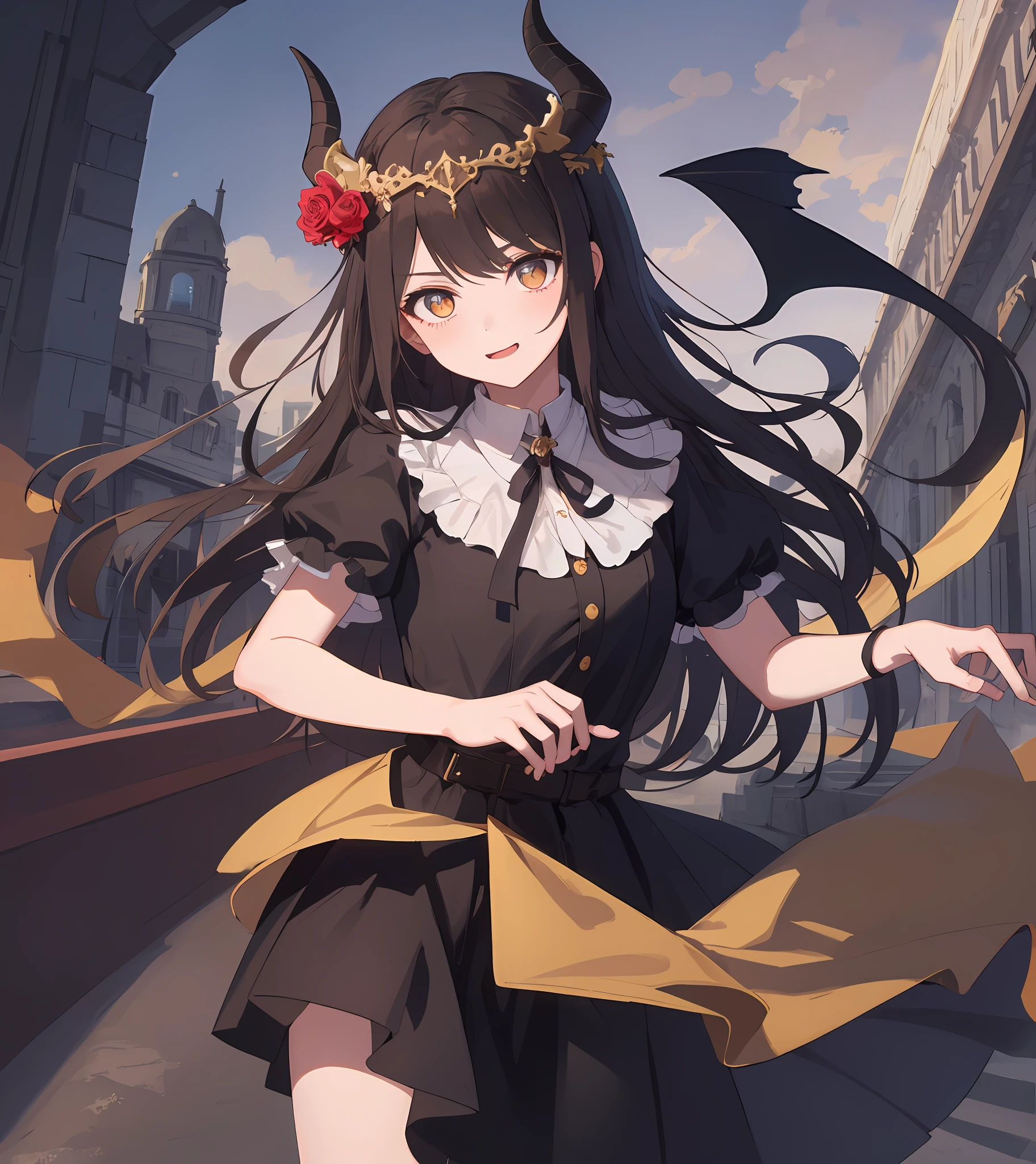 Masterpiece quality，The best quality assurance。A brown hair、Cute girl with golden eyes。She looks very arrogant，Wearing a short Gothic skirt，Exudes magic，With a rose headdress，English-style top，Long hair flutters in the wind，Playful and cute，devil horns