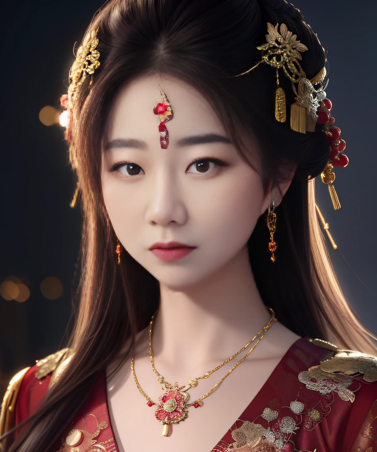 a close up of a woman wearing a red dress and a gold necklace, a beautiful fantasy empress, chinese princess, palace , a girl in hanfu, ancient chinese princess, chinese girl, ((a beautiful fantasy empress)), beautiful render of tang dynasty, traditional beauty, chinese style, chinese woman, ancient asian dynasty princess, traditional chinese, gorgeous chinese model, beautiful oriental woman