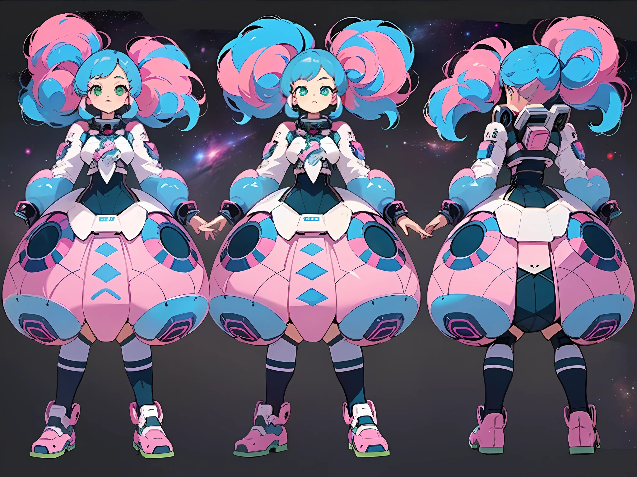 ((masterpiece)),(((best quality))),(character design sheet, same character, front, side, back), illustration,harajuku fashion , 1 girl, pink long hair, vivid color ,green eyes, beautiful face, environment Scene change, hairstyle fax, pose Zitai, female, wearing decorted colorful big heavy old style space suits, (simple background, white background: 1.3)