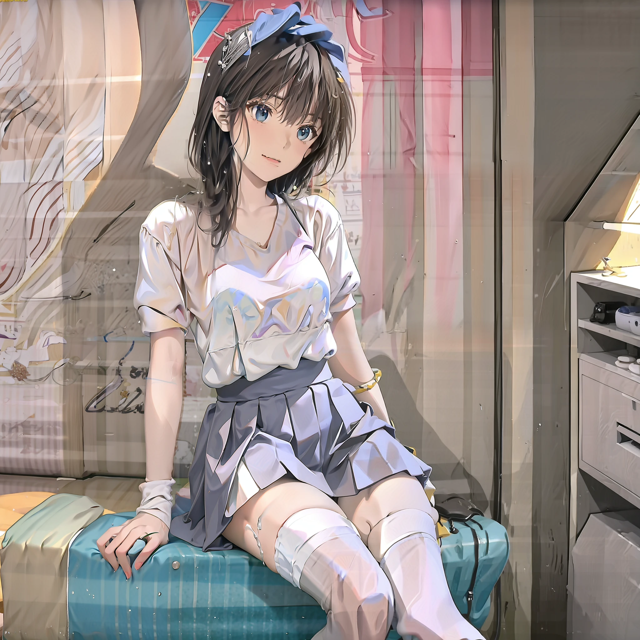 White top,pleatedskirt,over knee socks,Bathroom background,Get wet,8k