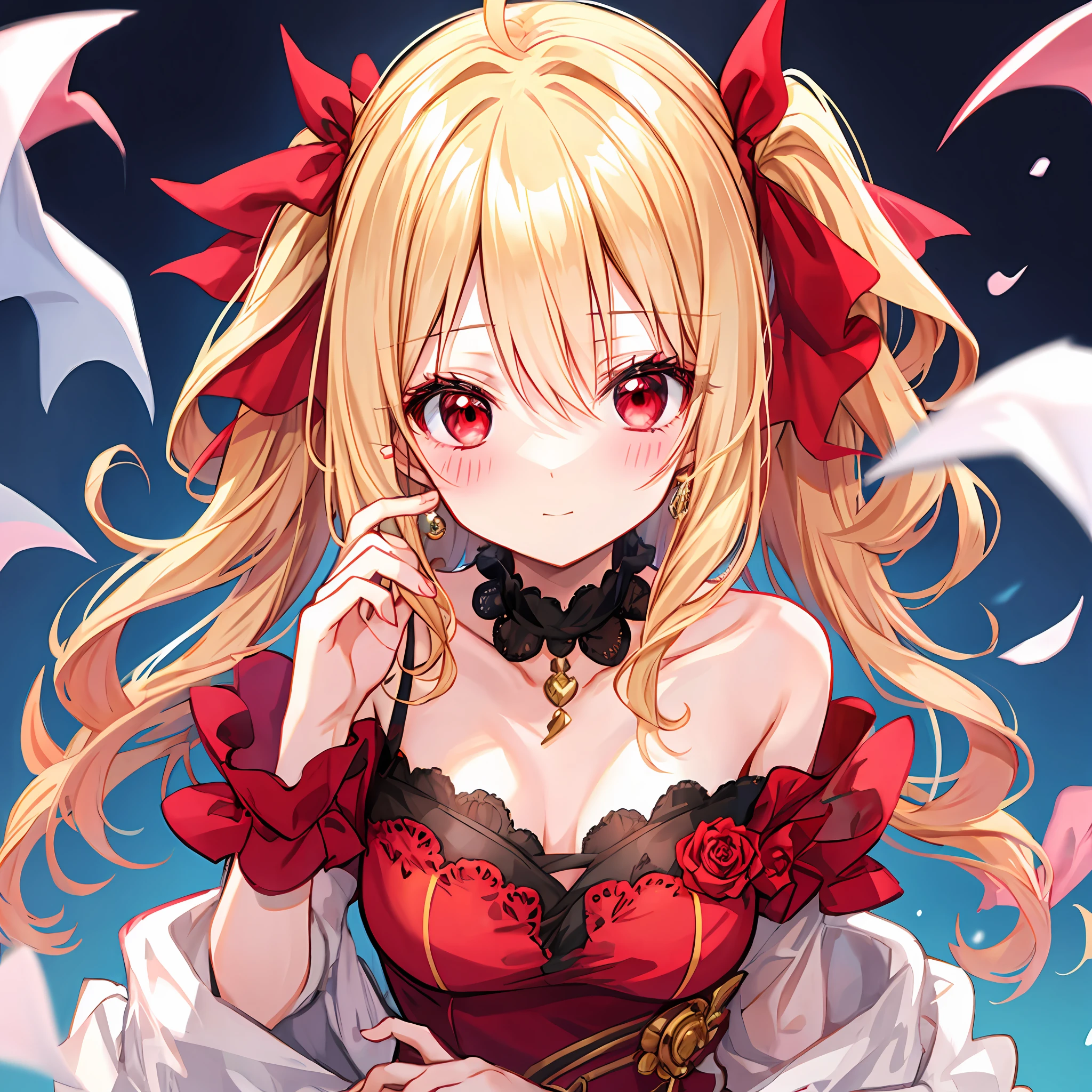 red blush、Wavy blonde hair、red eyes、Vampire、doress、Beautiful girl alone、animesque、独奏、