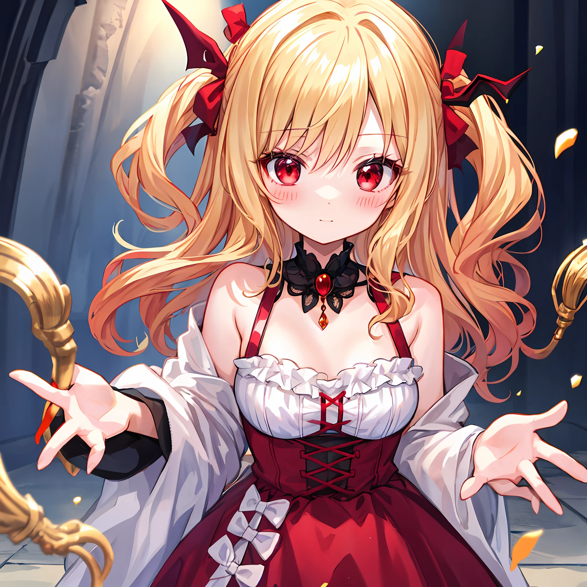 red blush、Wavy blonde hair、red eyes、Vampire、doress、Beautiful girl alone、animesque、独奏、