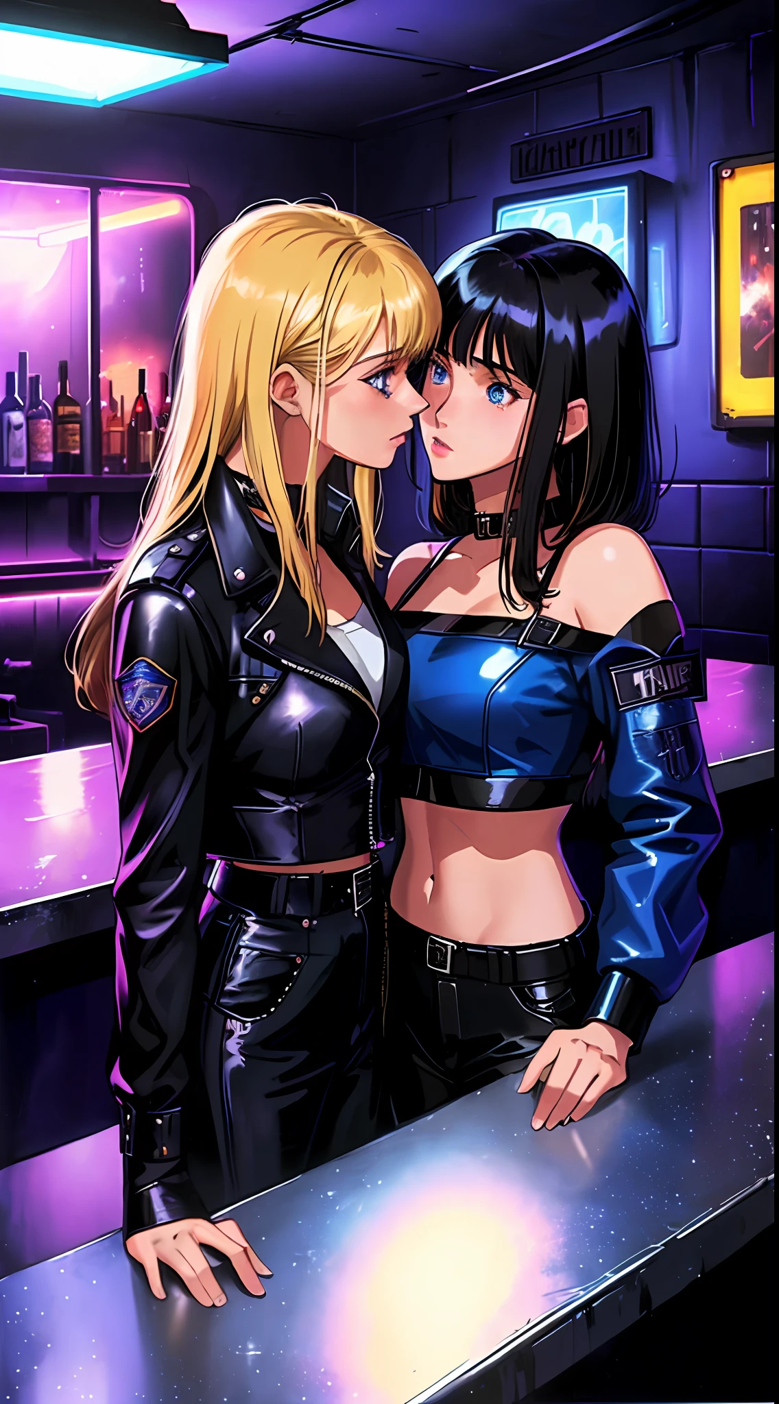 (intense atmospheric lighting, 80s inspired art style), dystopian, bar, (2 girls), girlfriends, (black hair, one-side bang:1.2, medium length), blue eyes, (blonde hair, ecchi, yuri), dark tone. kissing, faux leather outfits, infiltrated cops