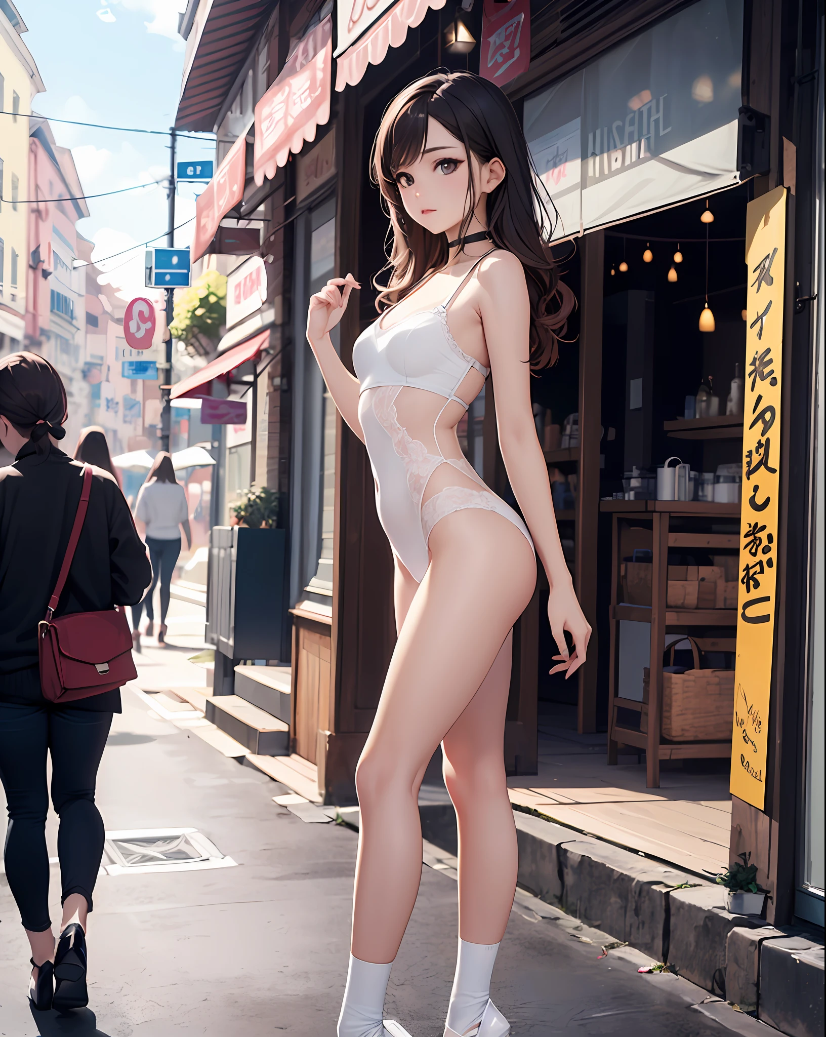gals,NSFW、Front Angle、(8K、top-quality、masterpiece:1.2)、(realisitic、Photorealsitic:1.37)、ultra-detailliert、1 girl in、looking at the viewers、Beautiful detailed sky、Detailed Cafe Street、full_Body、Cute plain clothes、Complex choker、Cute legs:1.2、long legged:1.2、Slim legs、high-heels:1.3、white sock:1.4、Medium chest、high-waisted、narrow waists,beatiful detailed eyes、 during daytime、Warm tones、White lace、de pele branca、Cinematic Light、ulzzang -6500-v1.1:0.66、