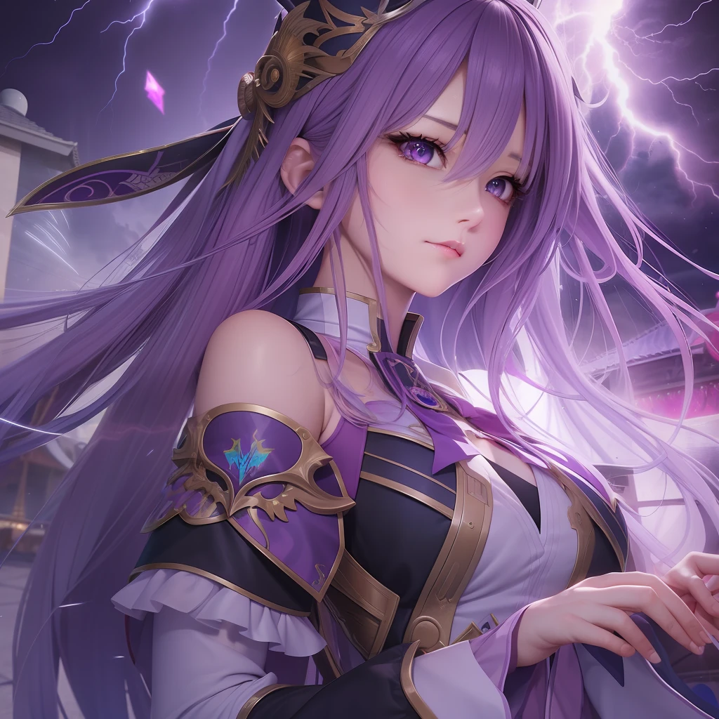 Anime girl with purple hair and purple eyes standing in front of lightning, Portrait Chevaliers du Zodiaque Fille, Detailed digital anime art, goddess of lightning, Anime fantasy artwork, Anime fantasy illustration, 2. 5 D CGI anime fantasy artwork, Extremely detailed Artgerm, style of anime4 K, Anime goddess, detailed anime art, japanese lightning goddess, lightning fantasy magic