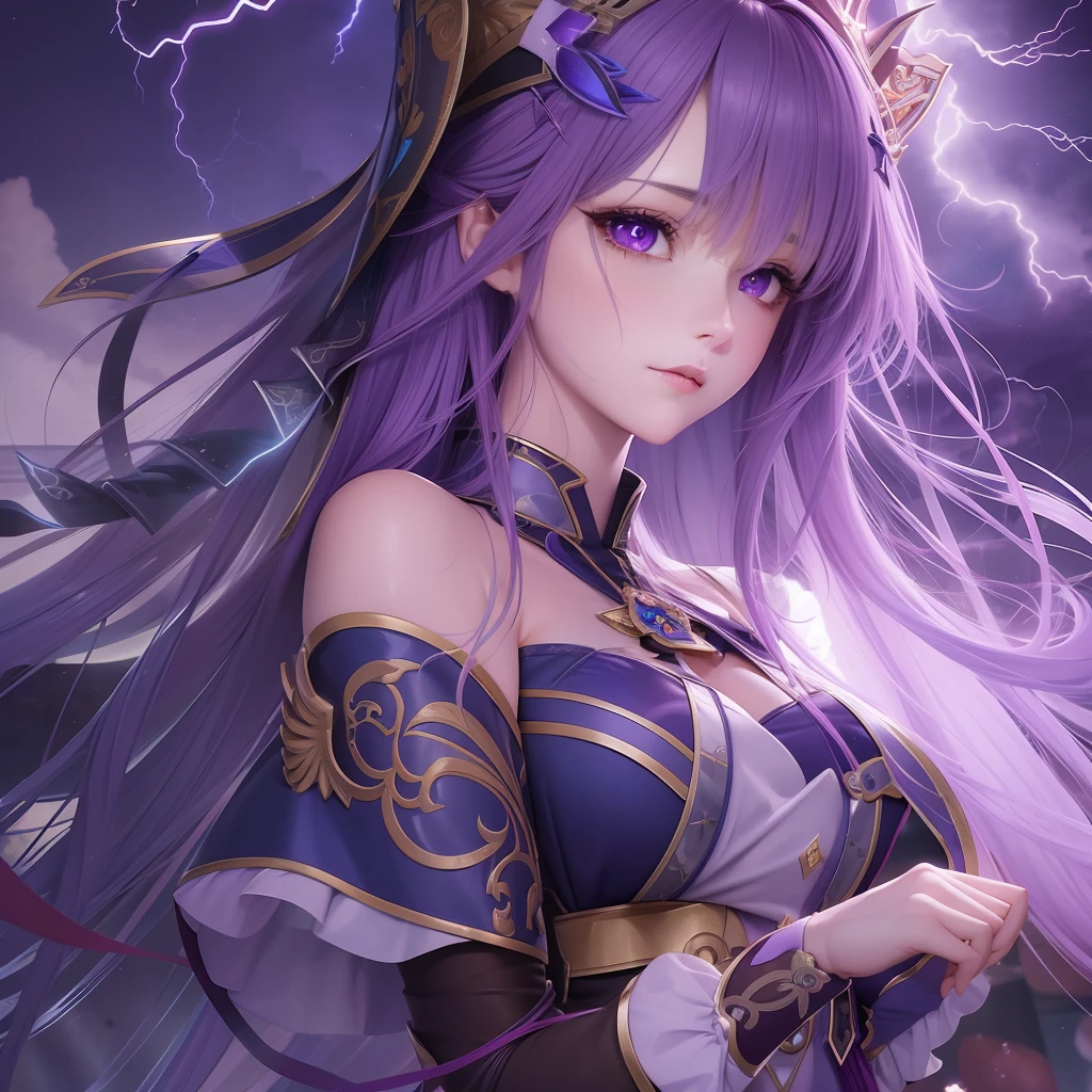 Anime girl with purple hair and purple eyes standing in front of lightning, Portrait Chevaliers du Zodiaque Fille, Detailed digital anime art, goddess of lightning, Anime fantasy artwork, Anime fantasy illustration, 2. 5 D CGI anime fantasy artwork, Extremely detailed Artgerm, style of anime4 K, Anime goddess, detailed anime art, japanese lightning goddess, lightning fantasy magic