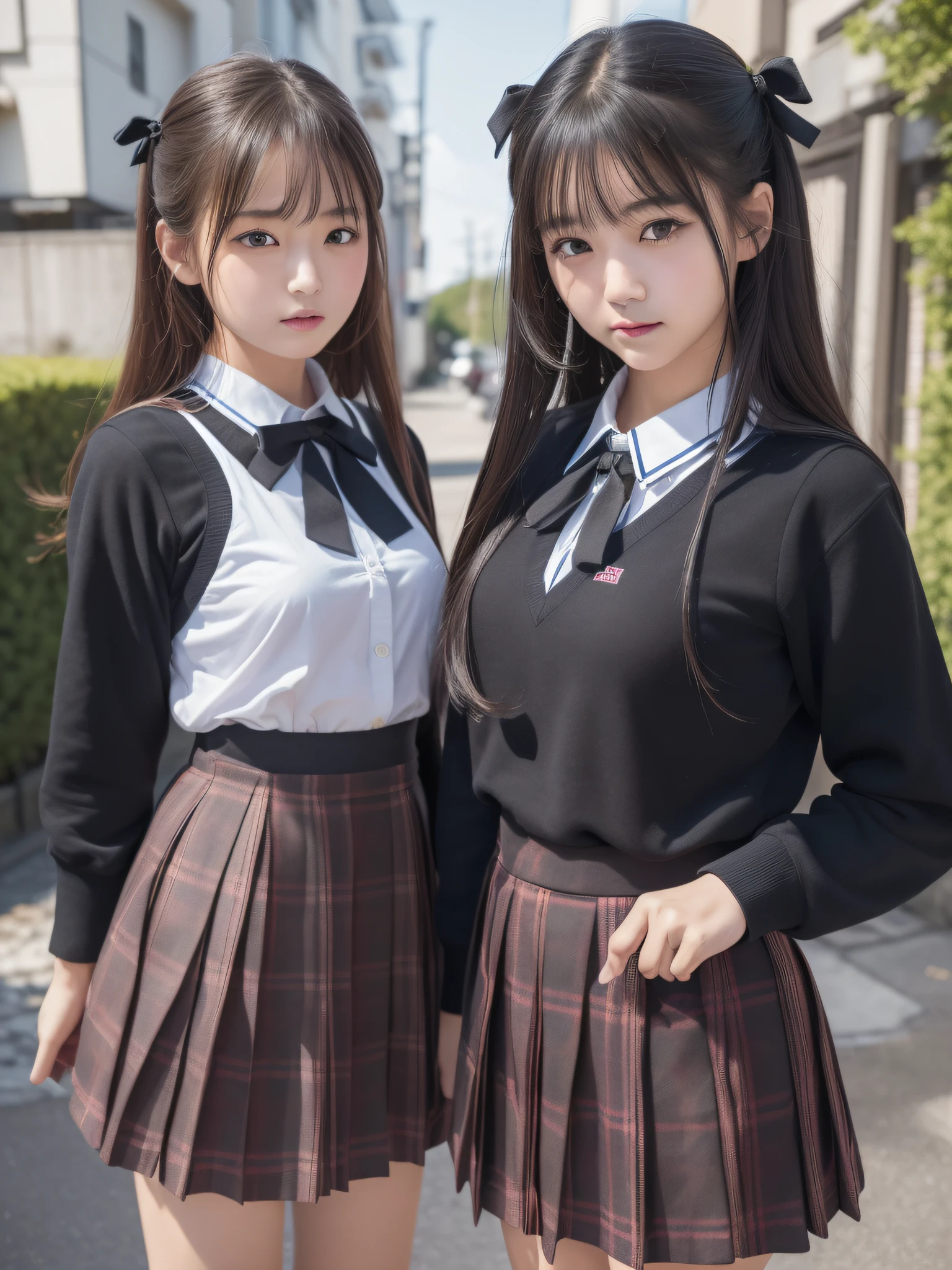 (8K、Raw photography、top-quality、​masterpiece:1.2)、(realisitic、Photorealsitic:1.37)、ultra-detailliert、超A high resolution、(Solo Japan Women)、hi-school girl、(with round face)、long eyeslashes、Beautiful black eyes、校服、((plaid skirts))、Uniform Ribbon