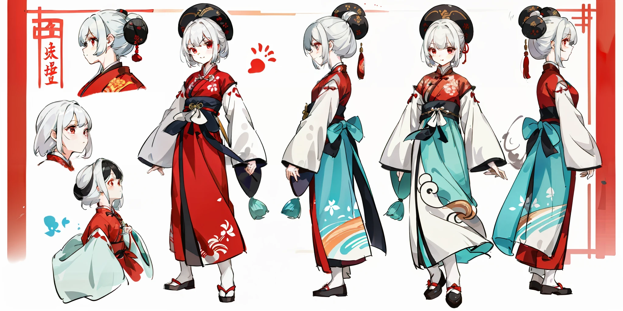 ung girl, character sheet, Hanfu, traditional Chinese costume, long and fluent clothes, cloth shoes, full body, (masterpiece: 1.2), (best quality: 1.3), 1 girl, standing, cute, short white hair