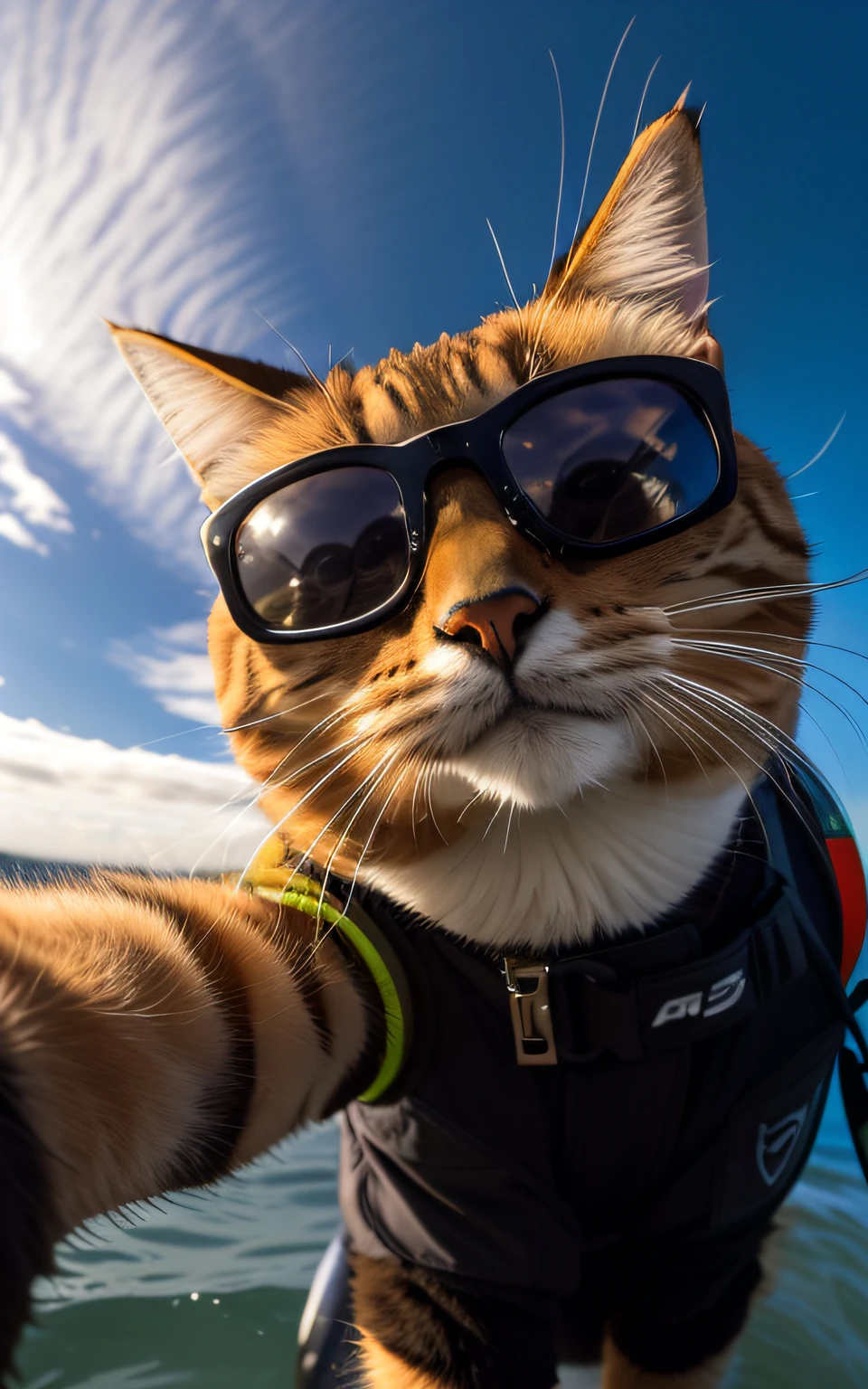 araffe cat wearing sunglasses and a life jacket on a surfboard, black cat taking a selfie, awesome cat, taking a selfie, accidentally taking a selfie, cat photography, cat photo, paw pov, photo of a cat, accidental selfie, looking up at the camera, waving at the camera, selfie photo, looking up at camera, toward to the camera --auto