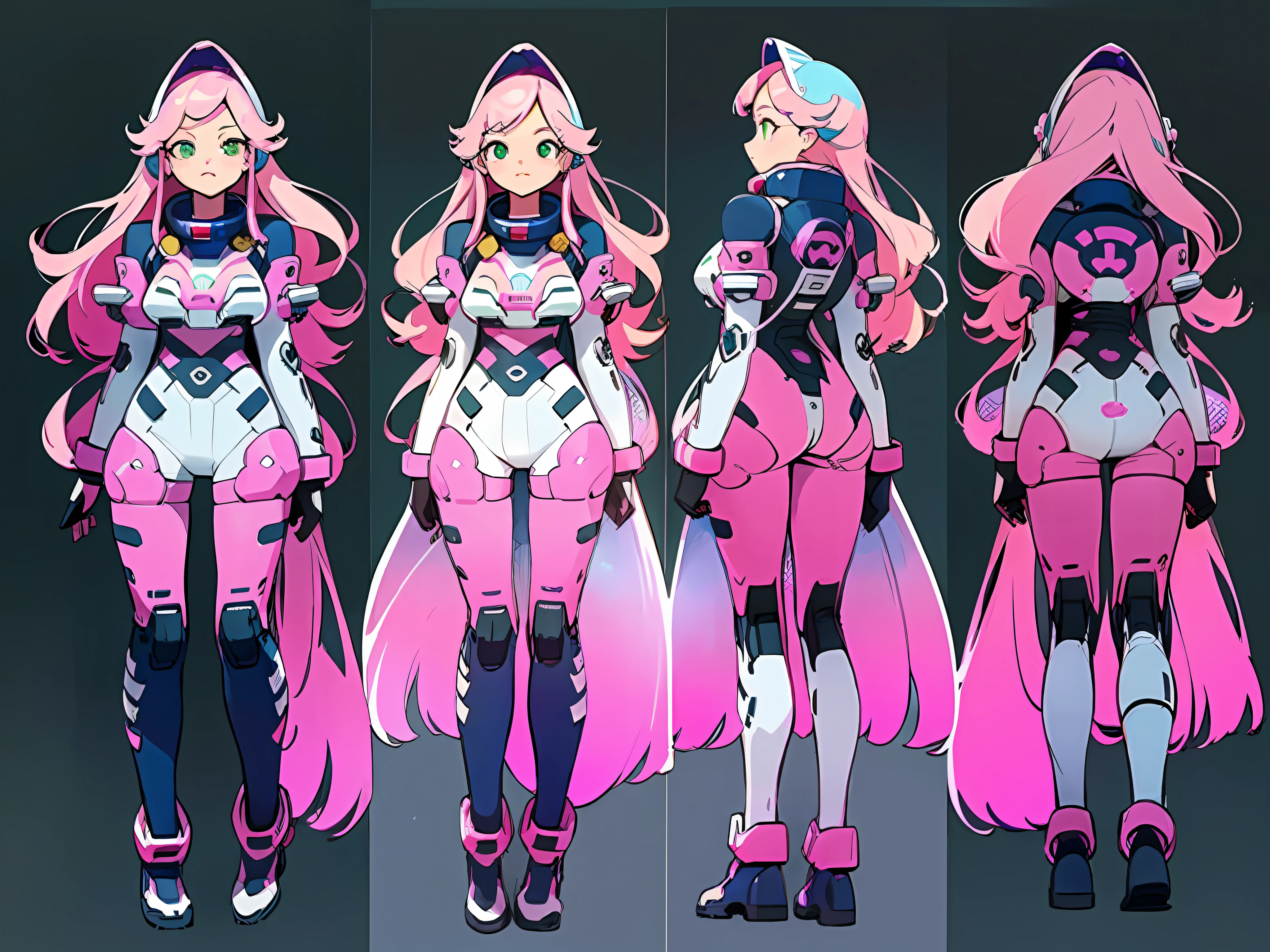 ((masterpiece)),(((best quality))),(character design sheet, same character, front, side, back), illustration,harajuku fashion , 1 girl, pink long hair, vivid color ,green eyes, beautiful face, environment Scene change, hairstyle fax, pose Zitai, female, wearing decorted colorful big heavy old style space suits, (simple background, white background: 1.3)