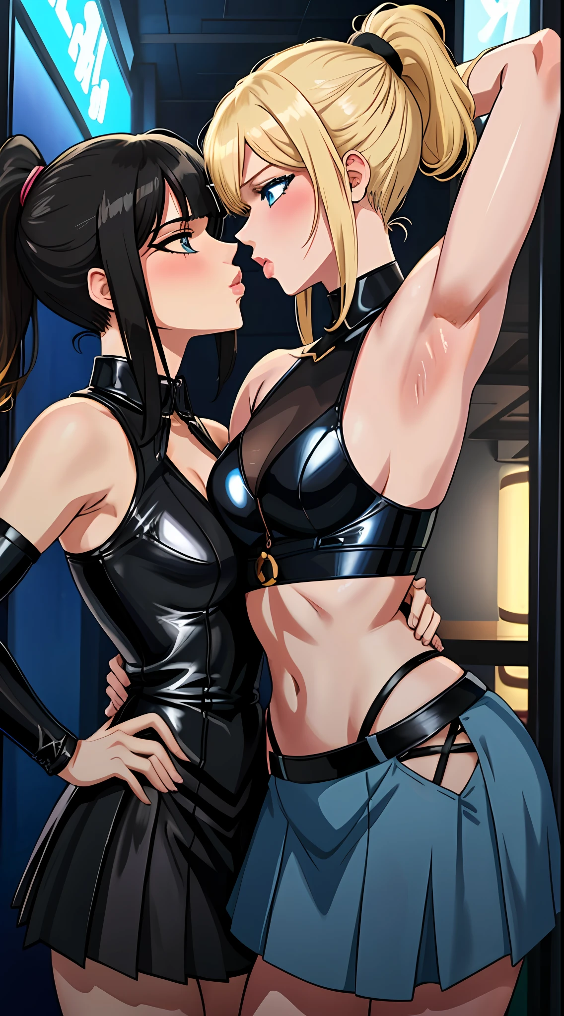 2 Anime girls, black hair with one-side bang and high top ponytail, meduim hair lenght, black tight outfit, blue skirt, blue eyes, sexy, ecchi, nsfw, yuri, lesbian, ((kissing her blond friend's armpit)), at a distopic future bar,