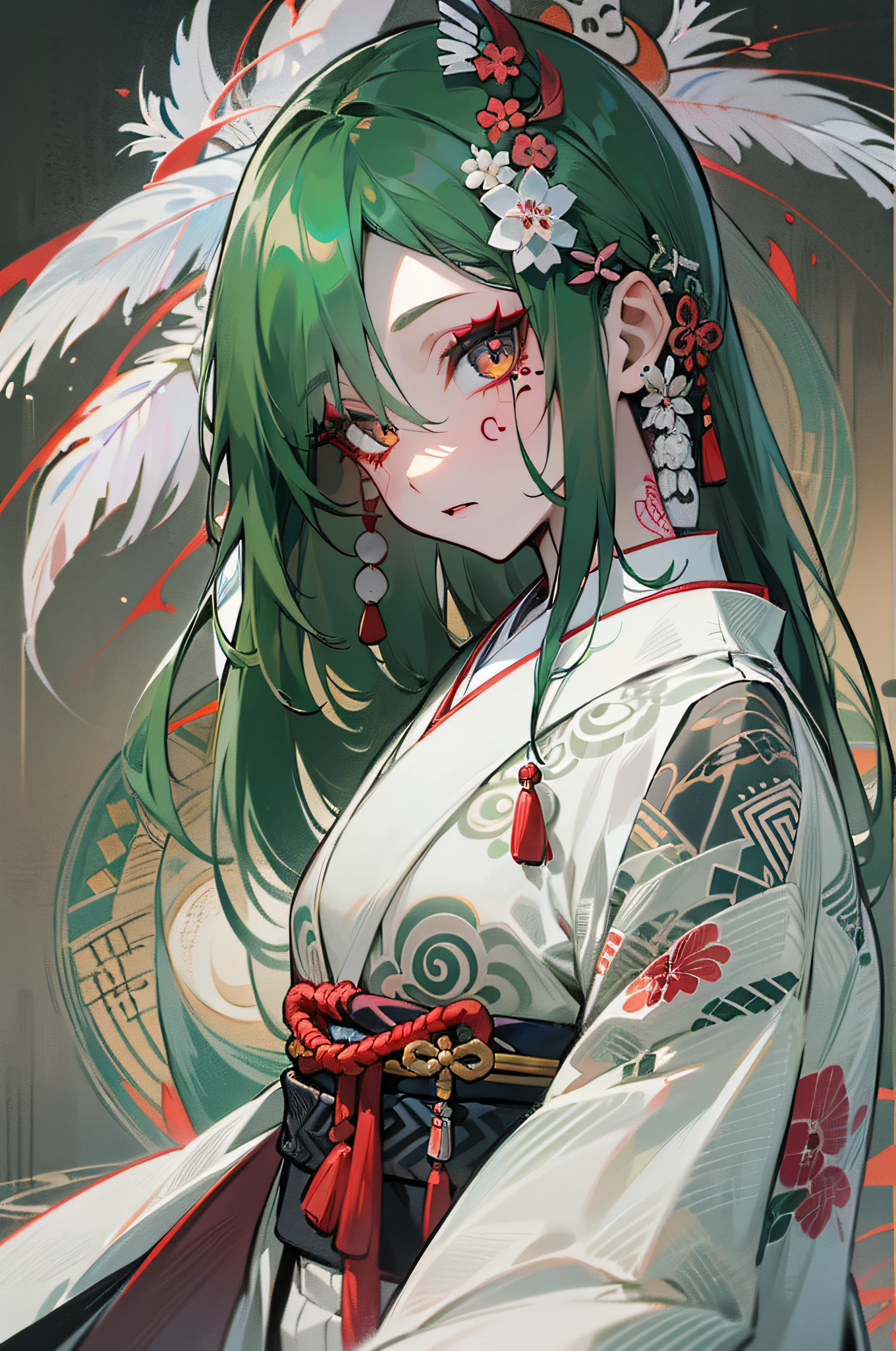 masterpiece, 8K, 1woman, Japanese, beautiful, dark green hair, (white highlight hair:1.3), feather hair ornament, heavy makeup, (black Japanese tatoo under her eyes:1.3), round eyes, red iris, fair skin, black kimono:1.3