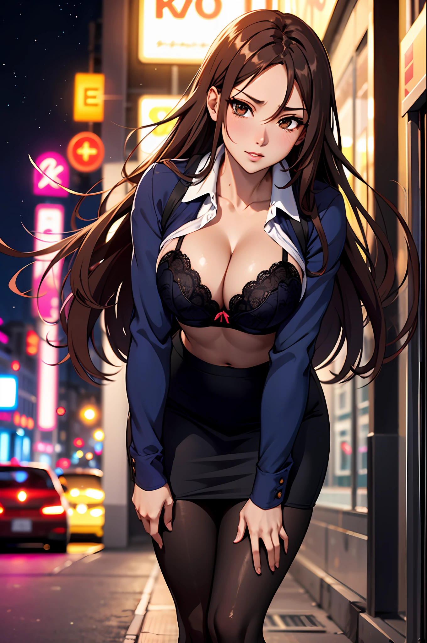 Bewitching anime busty woman in blue suit and tight skirt、Black tights,Inviting look、Show off your chest、The bra is slightly visible、Shirt and long brown hair,Ecchi anime style,  bending forward,Kamimei,Red Light District at Night,neons、Bokeh in the background