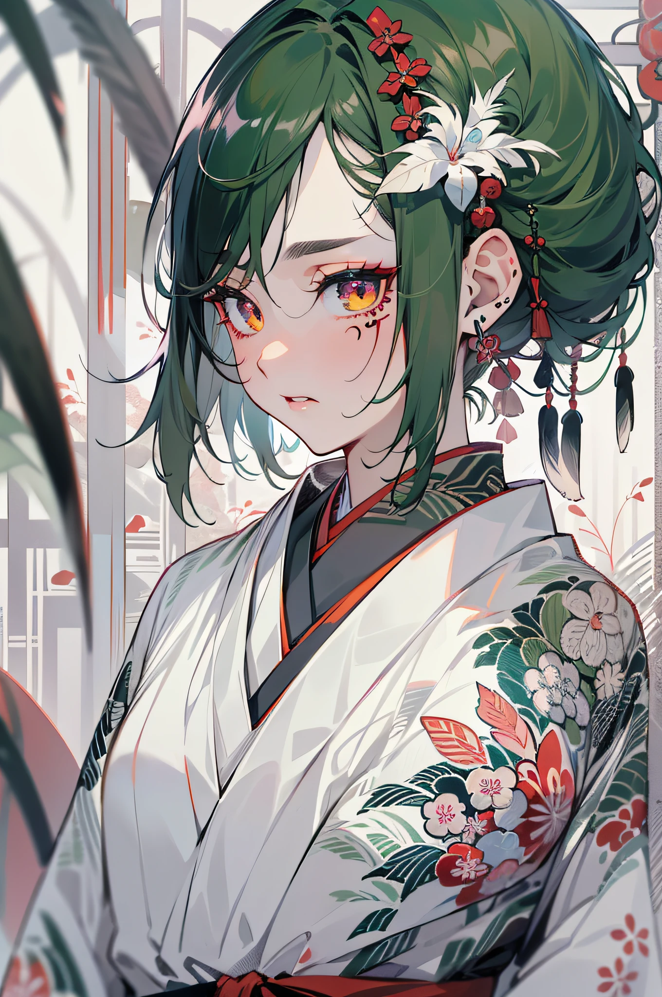 masterpiece, 8K, 1woman, Japanese, beautiful, dark green hair, (white highlight hair:1.3), feather hair ornament, heavy makeup, (black Japanese tatoo under her eyes:1.3), round eyes, red iris, fair skin, black kimono:1.3