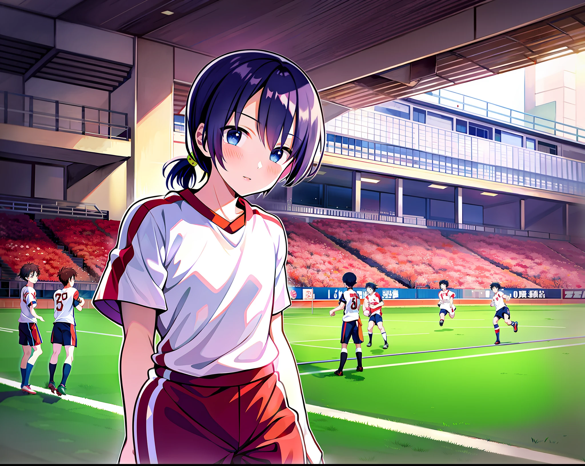 In a Japanese anime style，The blood of boys on the football field，Don't look at the lens，Look at each other，White T-shirt，Spikes，soccer court，beautiful weather，youthfulness。