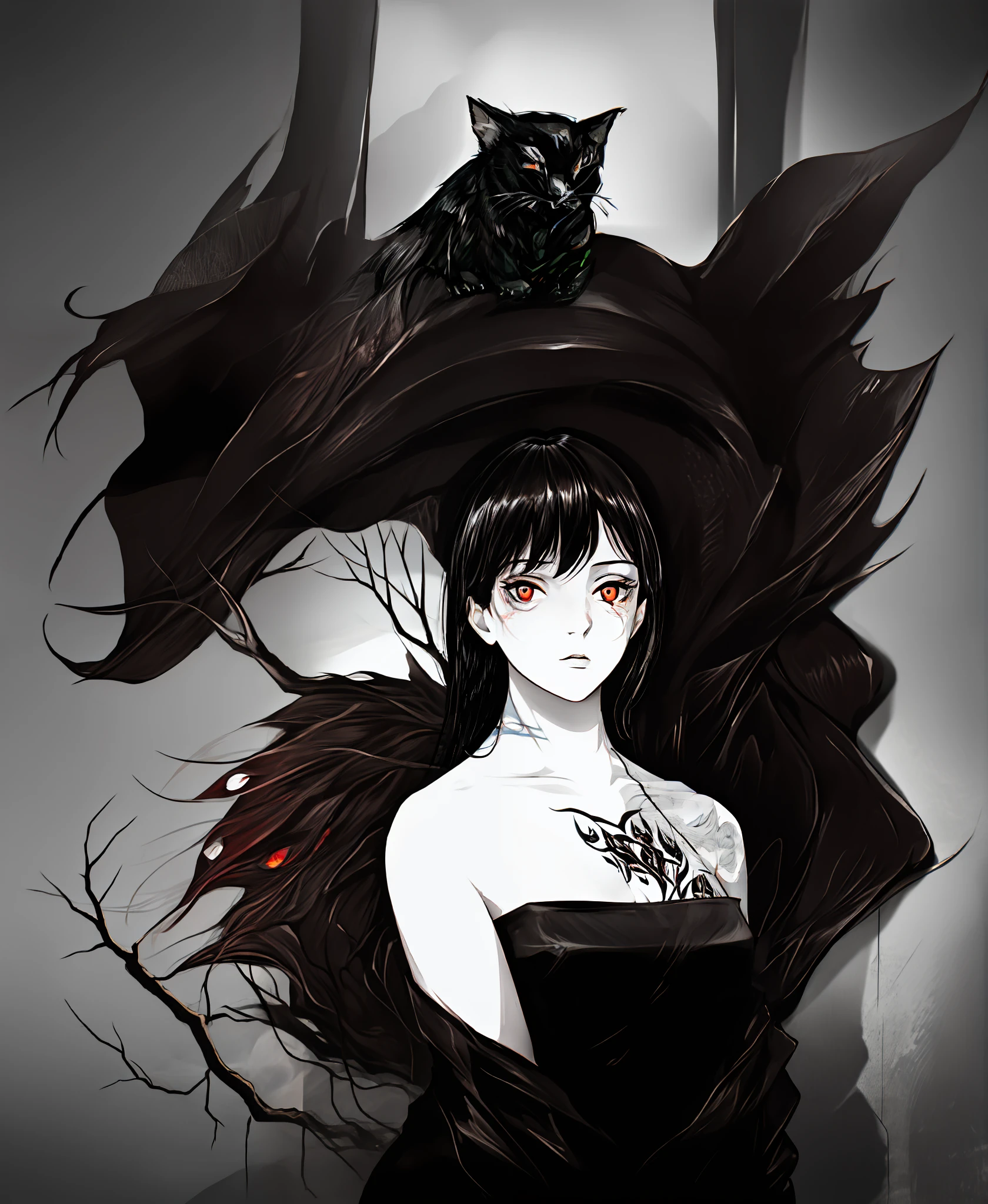 Masterpiece, detailed, 20 years old girl sitting under cherry tree, red eyes, long lashes, long black hair, bright skin, detailed body, naked shoulders, red tattoos on shoulders, looking at her shadow, black shadow with red eyes