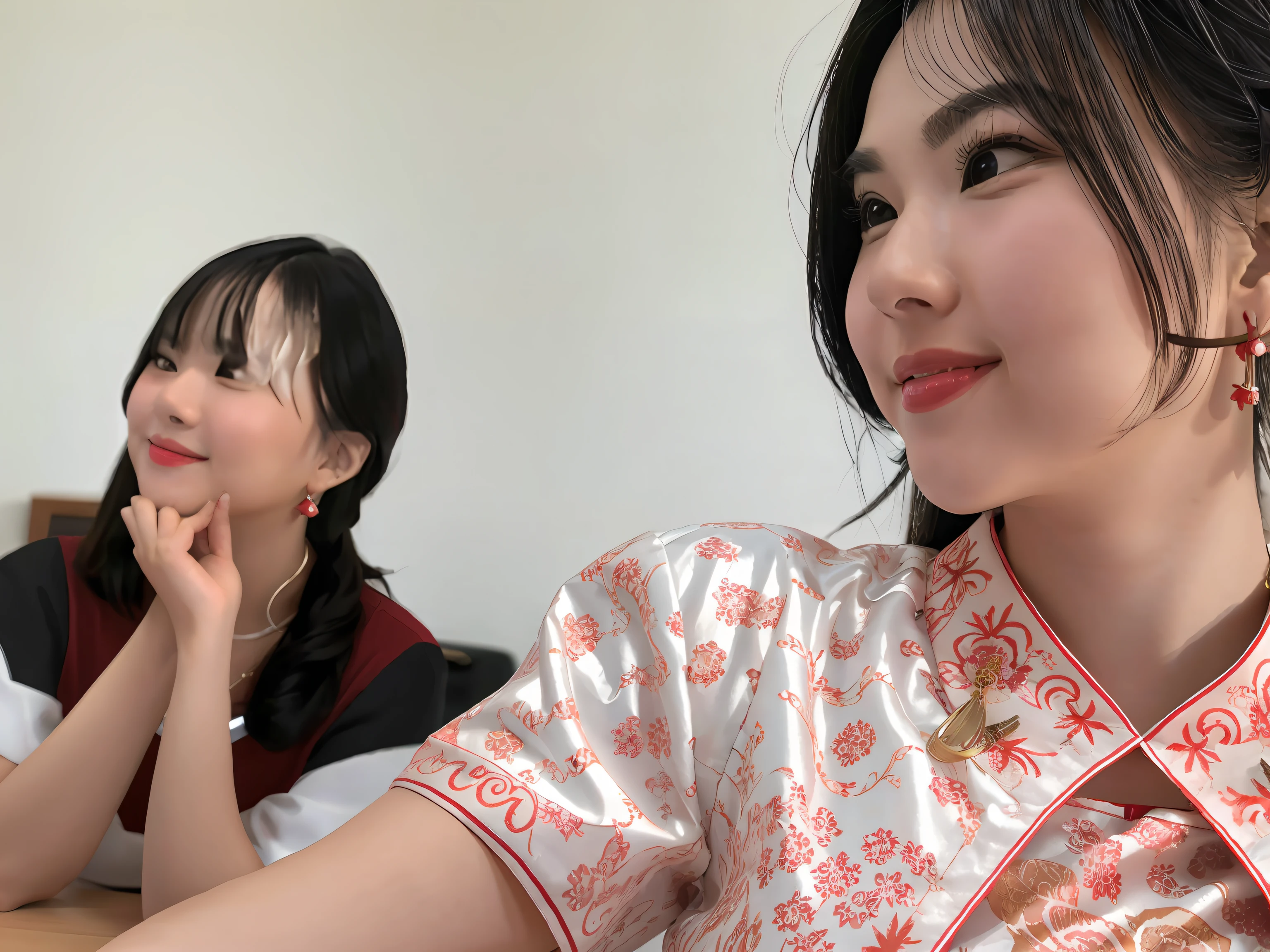 Red cheongsam woman smiling small eyebrows small nose face facing the screen with earrings two women