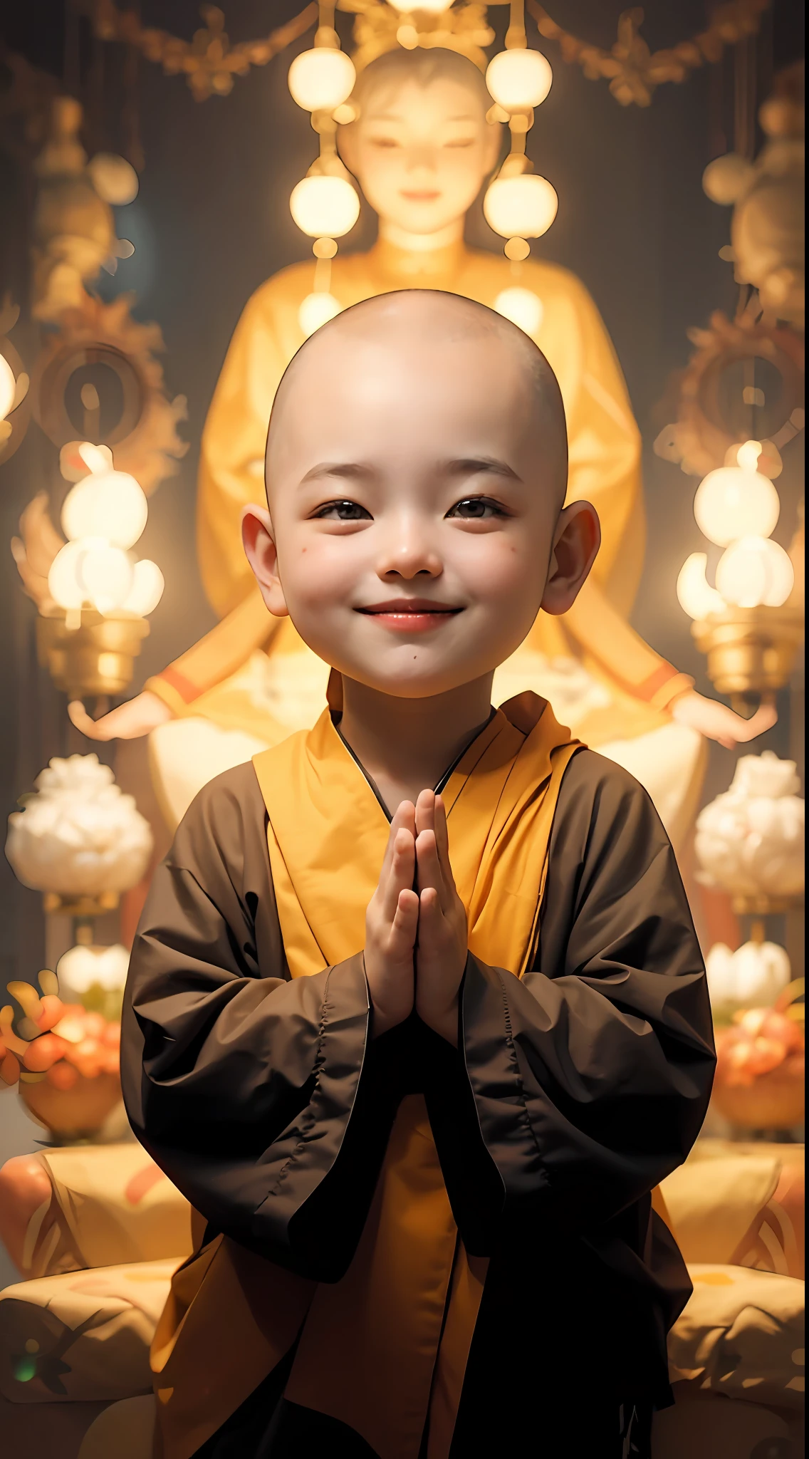 A 3--old d monk,Wearing a white monk's robe,Chubby little face,Big round eyes,A High Bridge of nose,With a smile,had his hands folded,Sit cross-legged。Lotus pattern on background。k hd