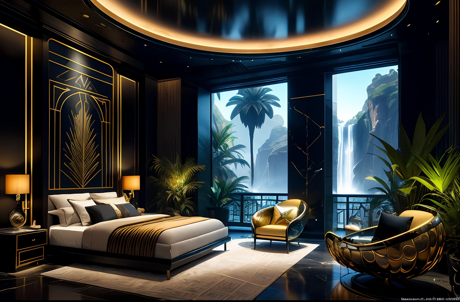 incredible black luxurious futuristic bedroom interior in Ancient Egyptian style with many (((lush plants))), ((beautiful flowers)), (lotus flowers), ((palm trees)), rocky walls, ((sand)), ((waterfalls)) (marble), ((precious minerals)), ((metals)), (gemstones), crystals, clouds and (water), ((futuristic luxury furniture)), crocodiles, (hieroglyphics), (((ultra luxury))), (black marble) – with ((beautiful lights)), Unreal Engine, HQ, 16k