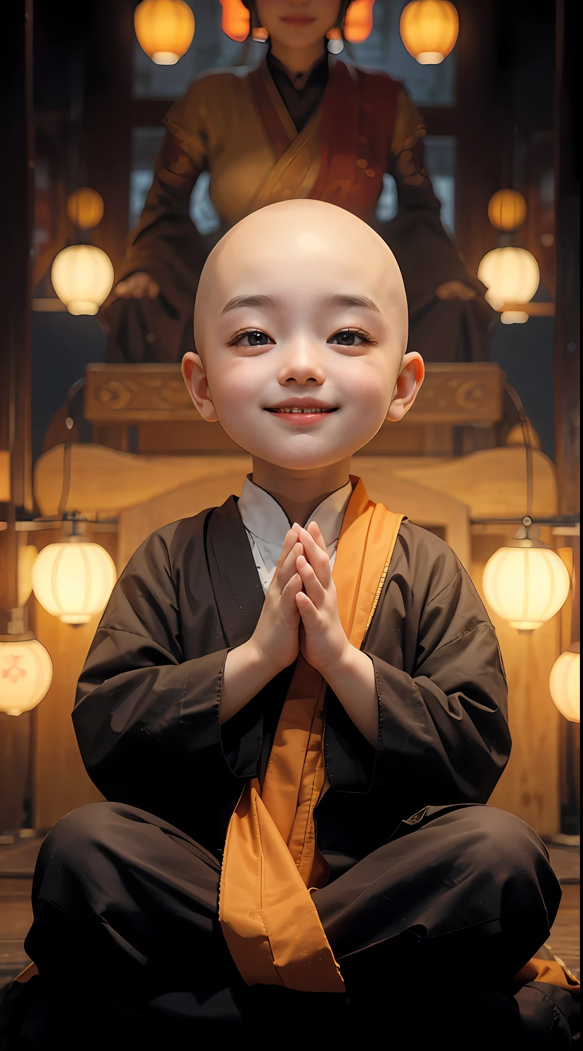 A 3--old d monk，Wearing a white monk's robe，Chubby little face，Big round eyes，A  High Bridge of nose，With a smile，had his hands folded，Sit cross-legged。Lotus pattern on background。k hd