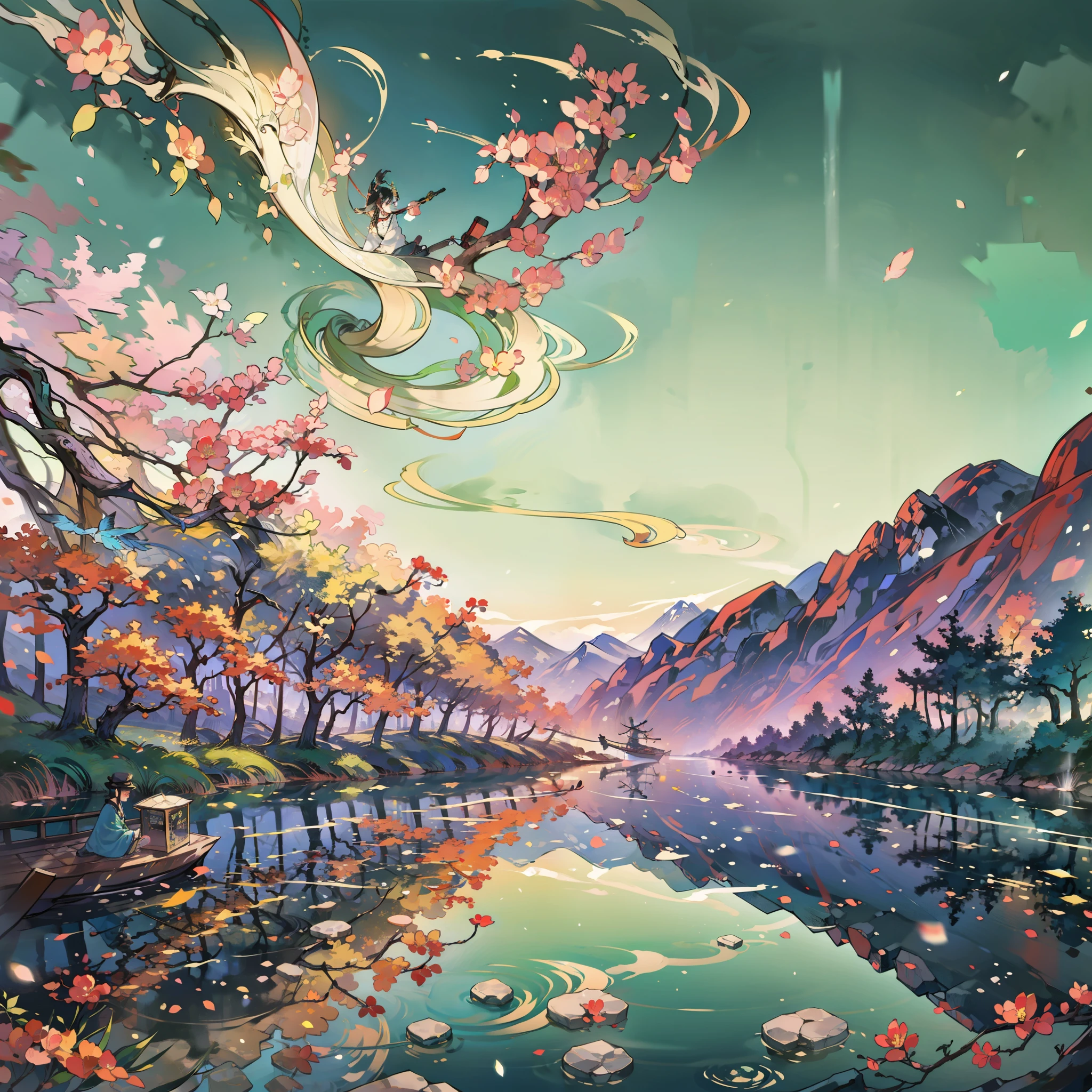 A flat boat and the leaves of the river want to go,The boundless Lake reflects the sunset,Yunshan surrounds the waterfall gorge and plum snow,Taolin Mid-Levels,Thousands of miles of mountains are picturesque,Thousands of miles of single riding dashing