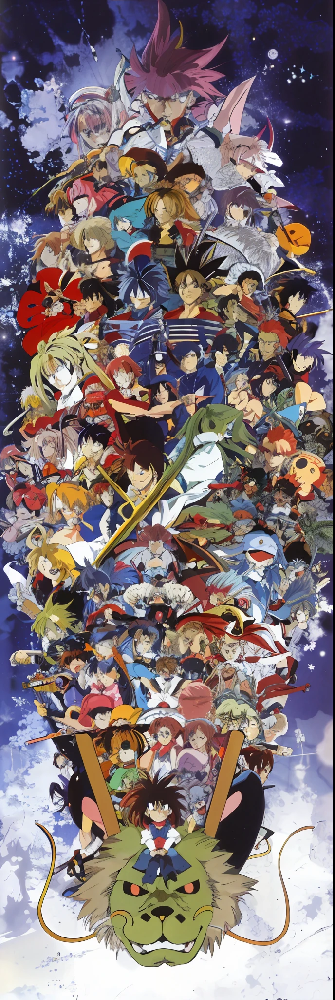Anime characters are stacked in a circle, 9 0's anime, 90's anime, 1 9 9 0's anime, 1 9 9 0 s anime, 9 0 s anime, 1990s anime, 90's anime, shonen anime, 90-s anime, 8 0 s anime, 80s anime