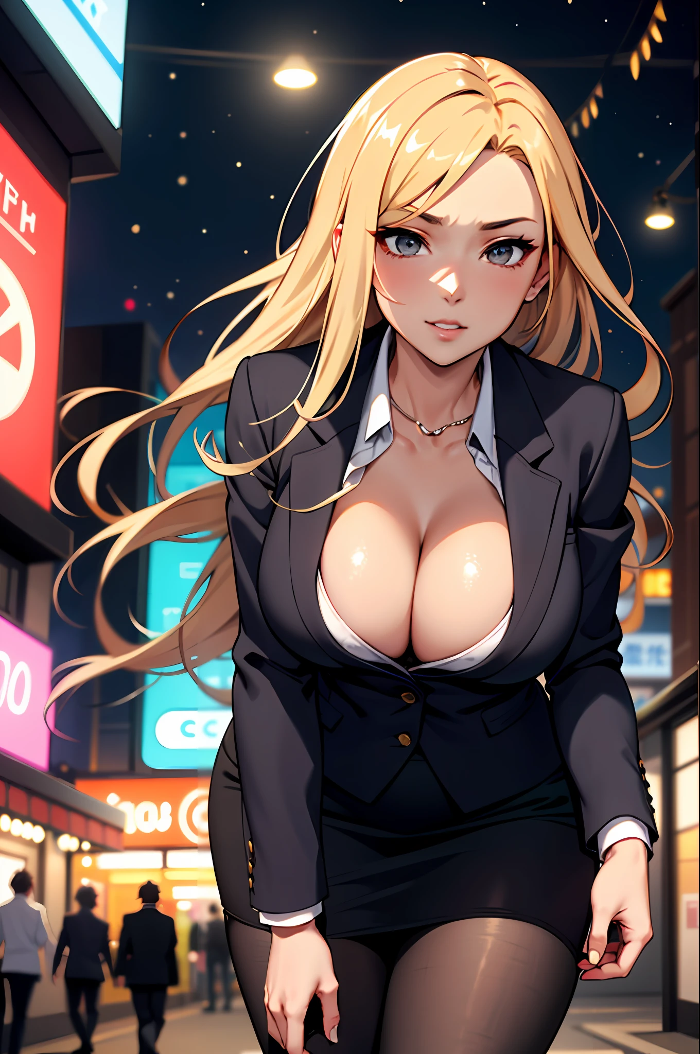 Bewitching anime busty woman in gray blazer suit and tight skirt、Black tights,Inviting look、Show off your chest、Shirt and long golden hair,Ecchi anime style, bending forward,Kamimei,Red Light District at Night,neons、Bokeh in the background