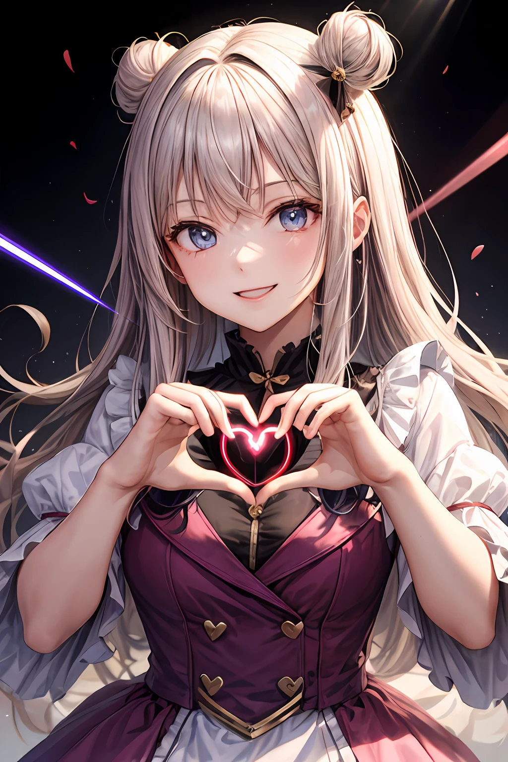 absurdres, highres BREAK one girl shooting wide (laser:1.2) in shape of heart at viewer, (heart shaped hands:1.3), Pink (magical girl) costume, smile, happy, (fractal:1.2) (laser rays of light shape of heart:1.2) effect, growing heart, (ripple) BREAK Lovely and cute background BREAK