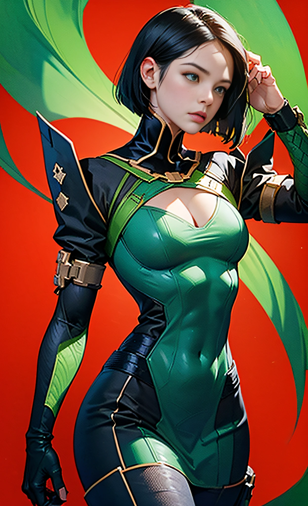 (photo in RAW format, 4k, realisti, Exquisitely detailed skin), tmasterpiece, beste-Qualit, official arts, Unity 8k壁纸, Ultra-detailed, (dark scene, Low key, soft-lighting), cienatic look, high saturation, Beautiful anatomy, Perfectly proportioned, best anatomy, shapely body, cowboy shot, a 1girl, 1 mesh, holding, 独奏, big breastes, generous cleavage, bloods, red background, walking among bamboo forest, Looking at the floor, green colored eyes, variegated, sexy pose, combat pose, (perfect anatomy, Ideal proportions of the whole body), (extreme close up portrait).