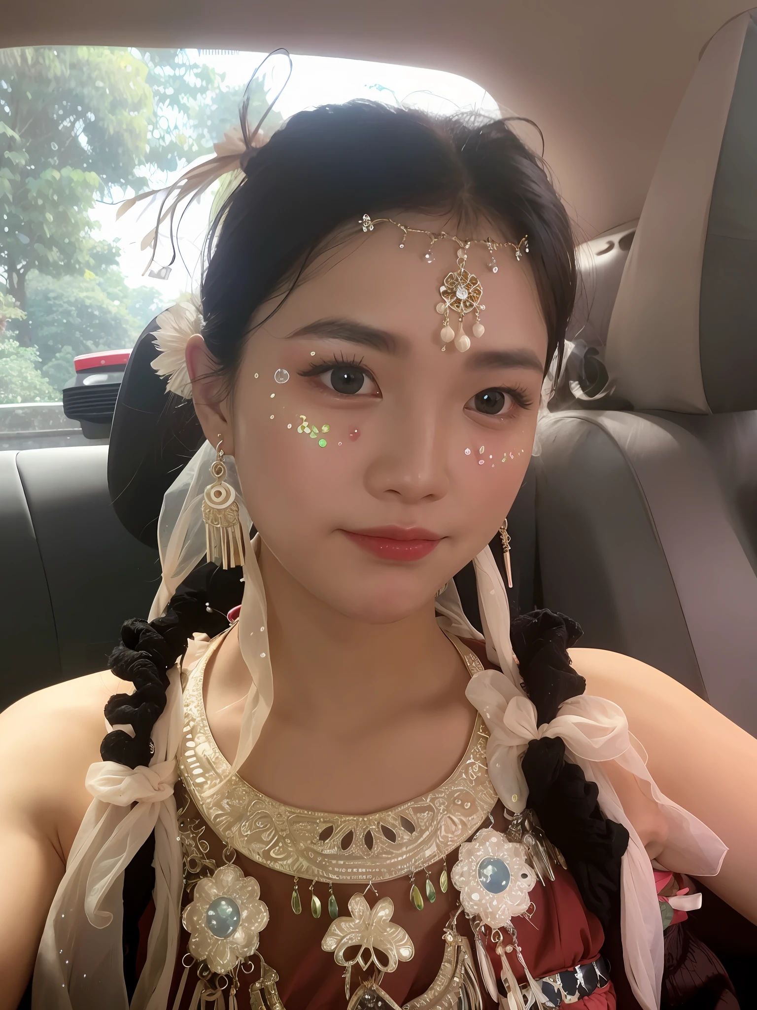 Arapei woman sitting in car with face paint and jewelry, south east asian with round face, xintong chen, wenfei ye, wan adorable korean face, Guviz, young cute wan asian face, 8K)), jaeyeon nam, professional make-up, Choi Hyun-hwa, Forehead jewelry, gongbi, traditional makeup, OMG