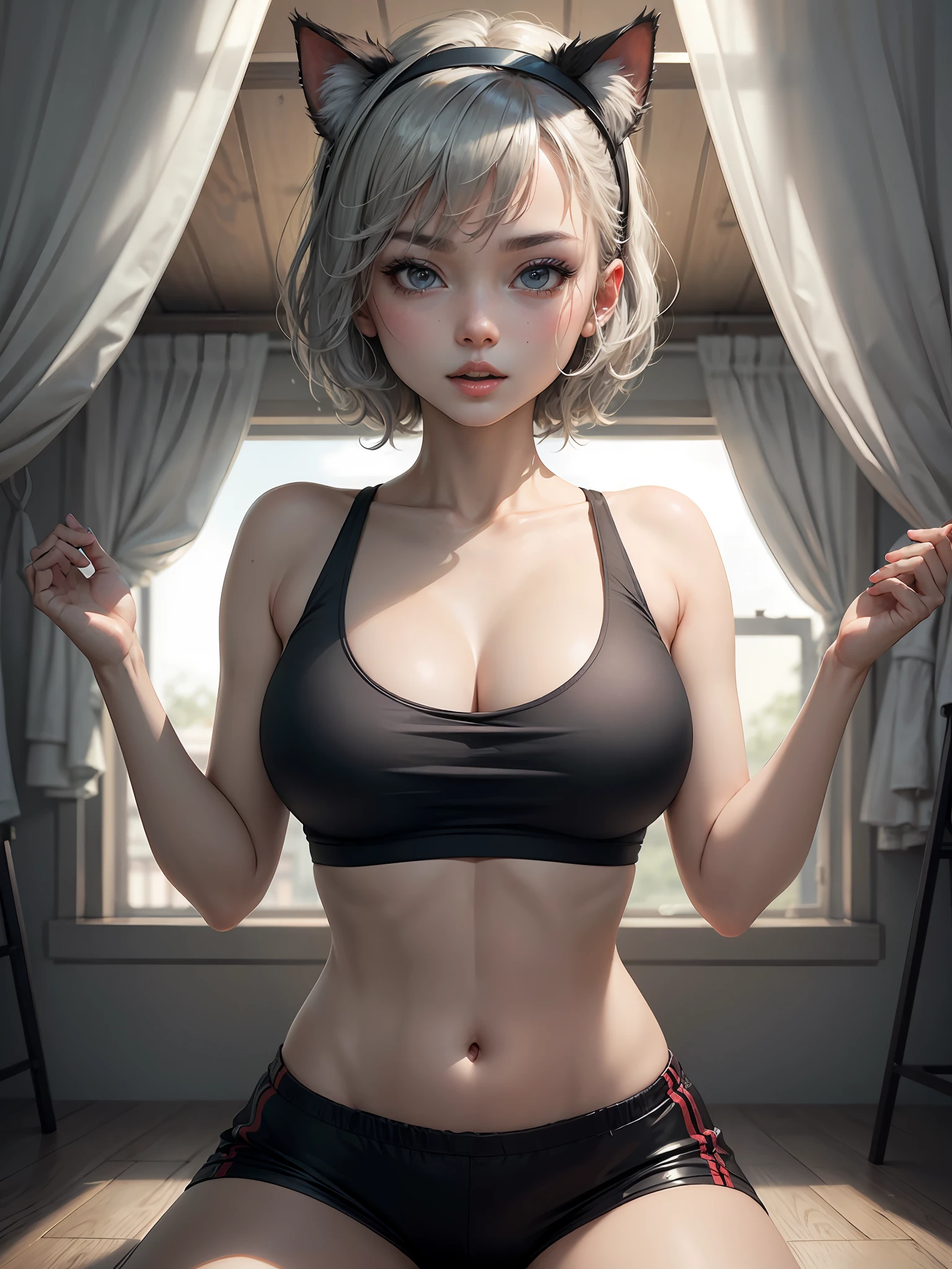 high detal, 8K分辨率, 超高分辨率, A young girl, A cute girl, shoulder-length short hair, Colorful clear eyes, Smooth hair, 鎖骨, Exquisite and perfect facial features, the most beautiful big eyes, Long eyelashes, The eyes are sweet and there are lying silkworms, ssmile, dynamic angle, Extreme picture quality, Highest accuracy, Precise and perfect human anatomy, Sport Tank Top, Open navel, Pronounced venturous line, Sports hot shorts, Stand up, Silver hair, butterfly hair ornaments, tahairband, Moles under eyes, Cat ears, Shy, Lick lip, Gothic art, Cinematic lighting, 4K, hyper HD, Masterpiece, High details,Full chest,爆乳,deep v big breasts,Sexy perspective