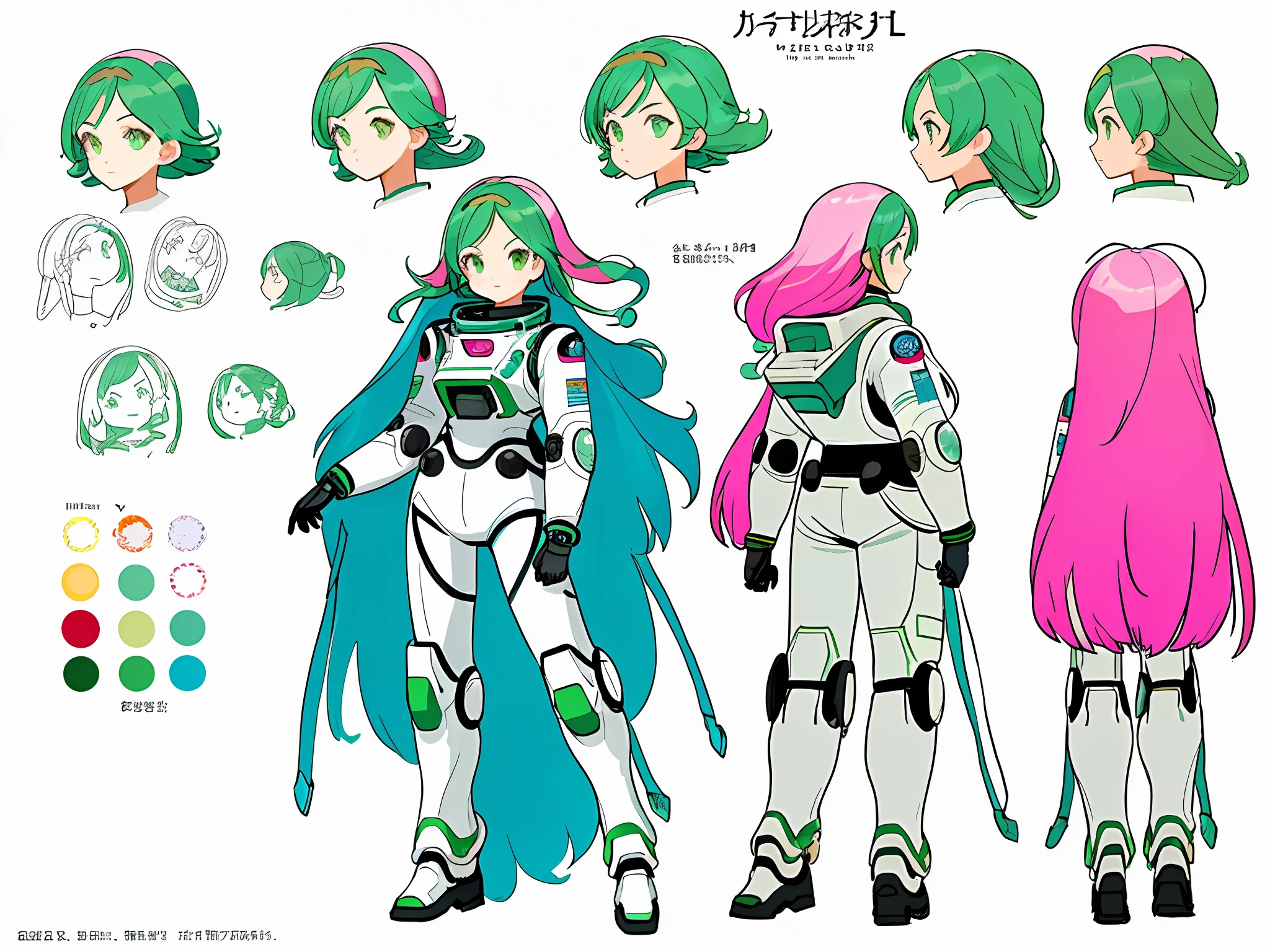 ((masterpiece)),(((best quality))),(character design sheet, same character, front, side, back), illustration,harajuku fashion , 1 girl, pink long hair, vivid color ,green eyes, beautiful face, environment Scene change, hairstyle fax, pose Zitai, female, wearing decorted colorful big heavy old style space suits, (simple background, white background: 1.3)