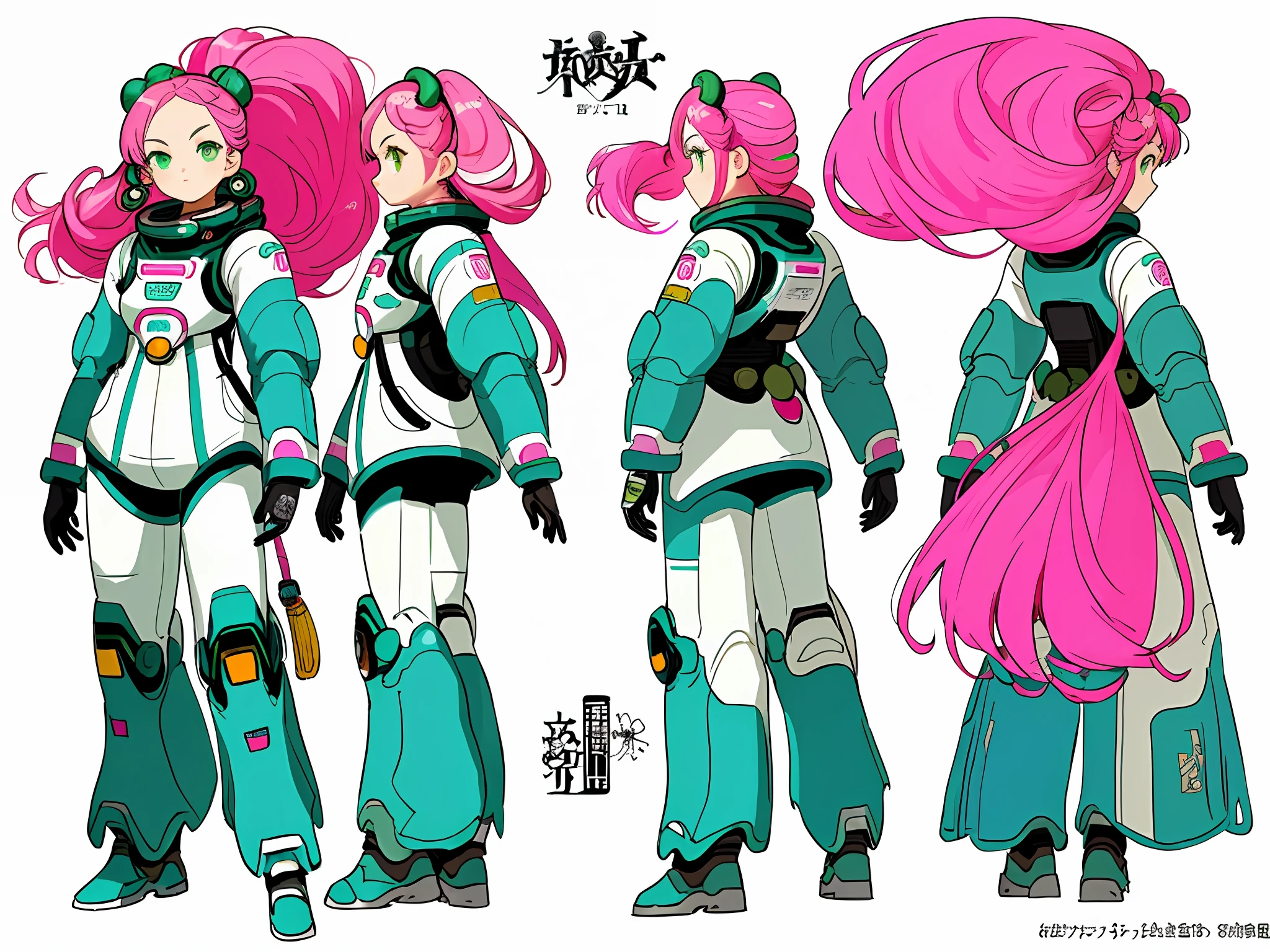 ((masterpiece)),(((best quality))),(character design sheet, same character, front, side, back), illustration,harajuku fashion , 1 girl, pink long hair, vivid color ,green eyes, beautiful face, environment Scene change, hairstyle fax, pose Zitai, female, wearing decorted colorful big heavy old style space suits, (simple background, white background: 1.3)