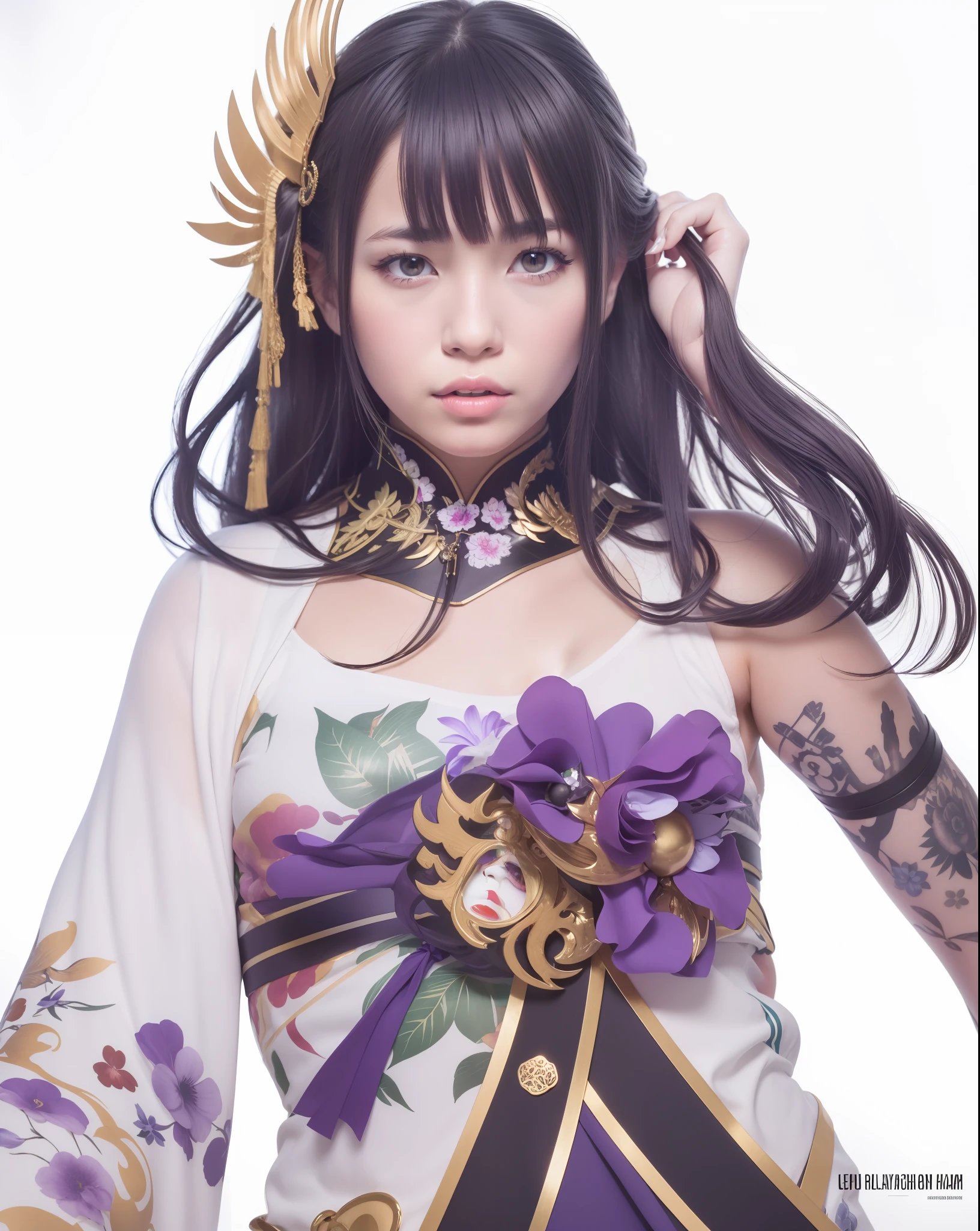 1 girl,Raiden shogun, Realistic , long hair , purple hair , ultra detail , 70 mm lens ,