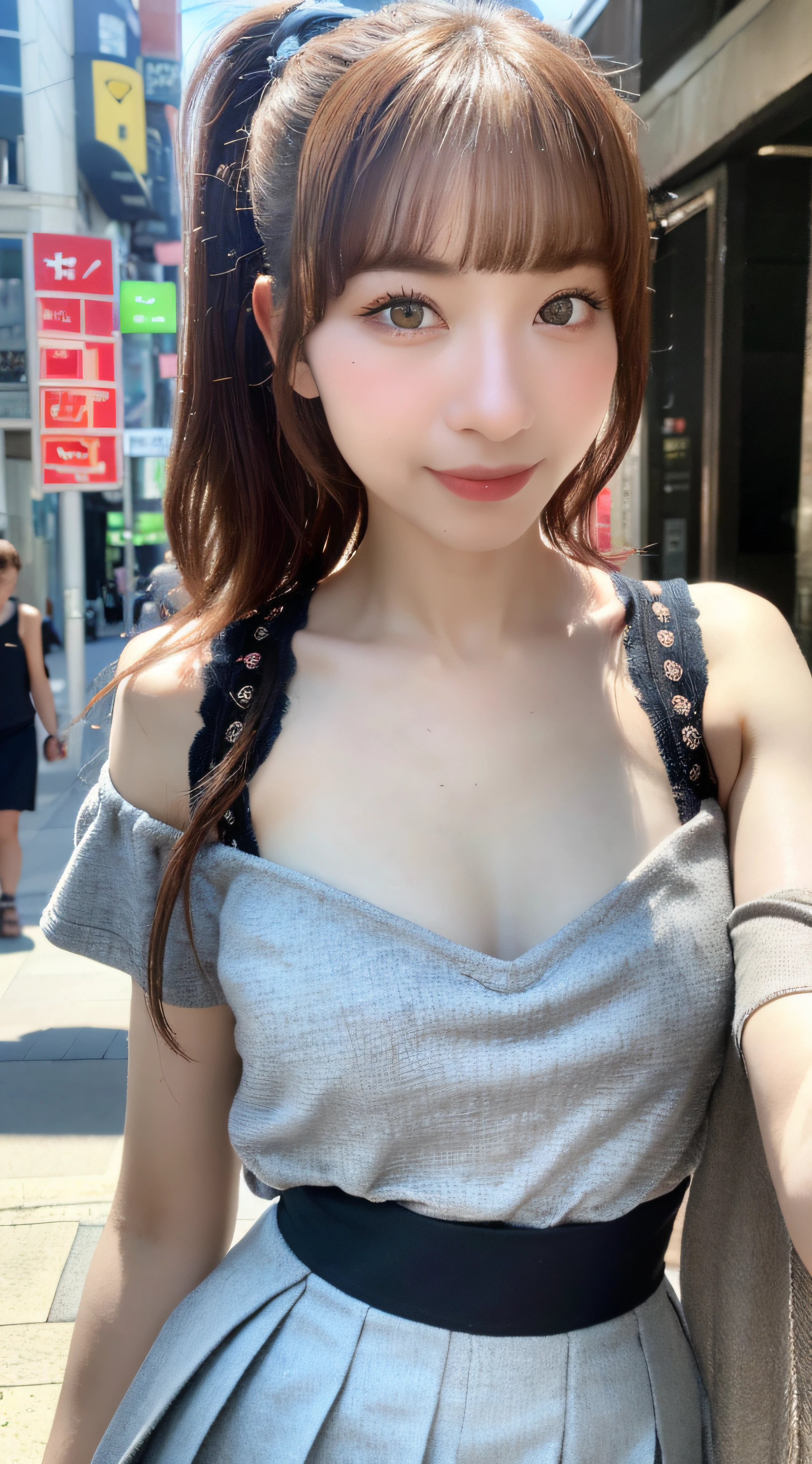 (8k, RAW photo, best quality, masterpiece:1.2), ultra detailed, ultra high res,
(realistic, photo realistic:1.37), portrait, high detail RAW color photo, professional photograph,
an extremely delicate and beautiful, extremely detailed, 8k wallpaper, Amazing, finely detail, huge file size, official art, extremely detailed CG unity 8k wallpaper,
extremely detailed beautiful girl, extremely detailed face, extremely detailed eyes, extremely detailed skin, extremely detailed fingers, extremely detailed nose, extremely detailed mouth,
perfect anatomy, highly detailed background, delicate eyes, armpits,
1girl, cute girl, pretty girl, famous japanese idol, kawaii,
flat chest, realistic body, petite, beautiful delicate fingers,
fair skin, shiny skin, slender body, good figure, perfect figure: 1.4, Slender abs: 1.2, wide shoulder,
Ash red hair, ponytail, semi-long hair, (blunt bangs:1.2),
smile, cute, young, cute face, realistic face,
beautifully detailed eyes, delicate eyes, brown eyes, black eyes, big beady eyes, round eyes, double eyelids,
(student, high school, uniform, short sleeve blouse, pleated skirt),
looking at viewer, cowboy shot, face the front, standing posture, contrapposto,
outdoors, on the street, street, store status, japan, street, tokyo, city, Akihabara, Shinjuku, Shibuya, Ikebukuro,
lens flare, dynamic lighting, HDR