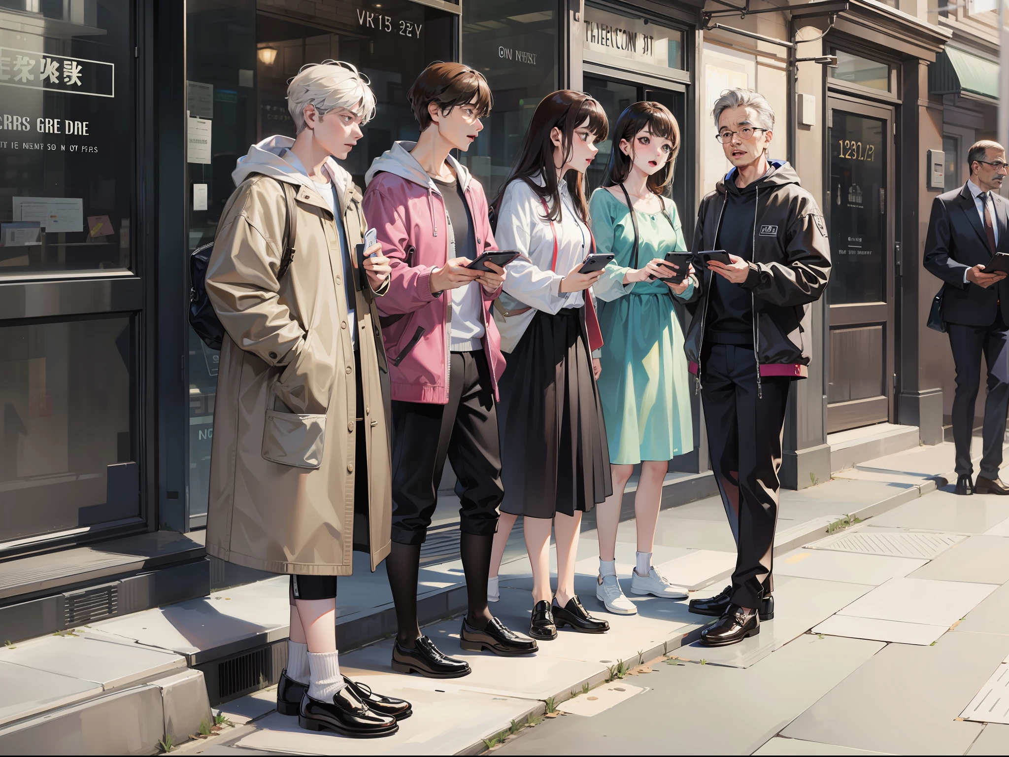 On the street,5 middle-aged men holding mobile phones looking,The expression was dumbfounded,Open your mouth
