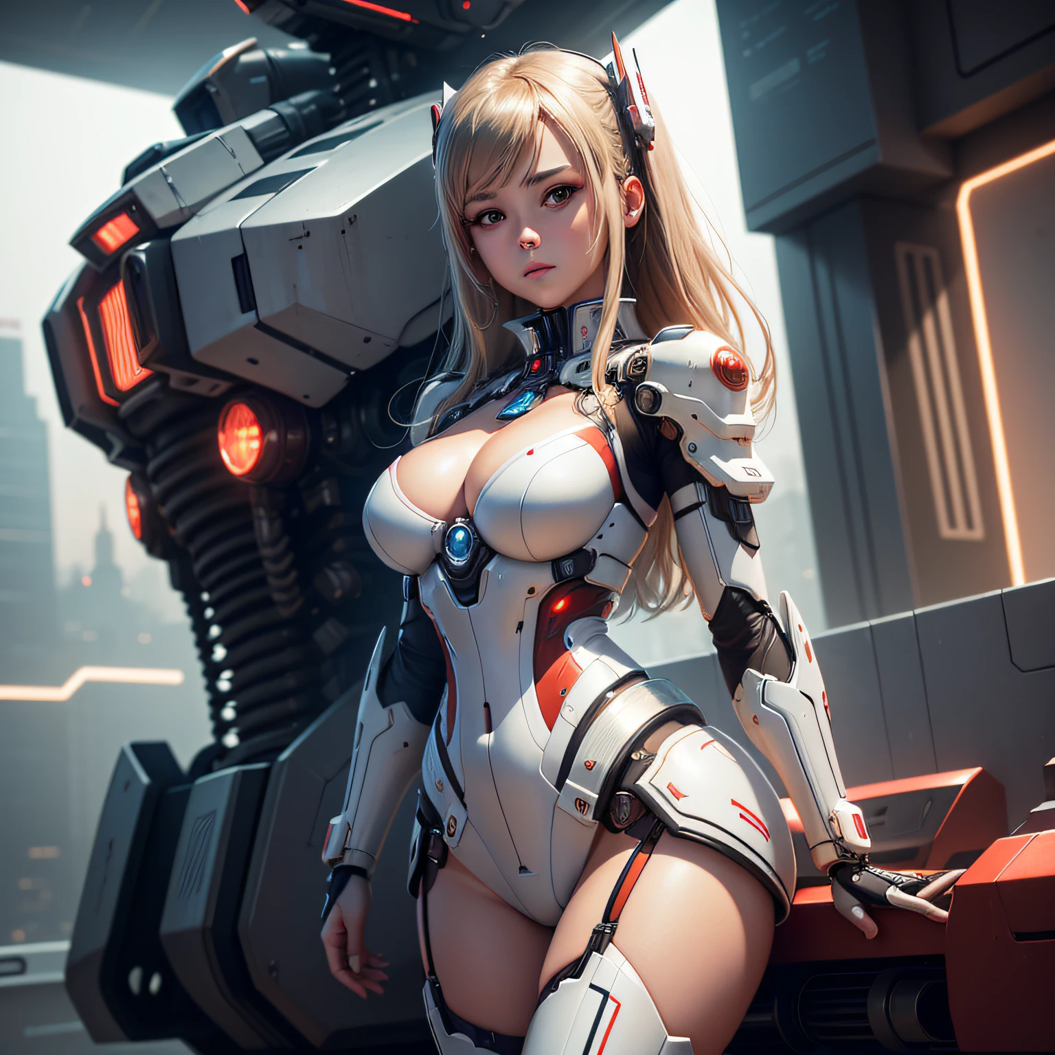 Highest quality, outstanding detail, super high resolution, (realism: 1.4), best illustration, favor details, close-up, a mecha girl, with a delicate and beautiful face, ((red and white semi-mechanical body: 1.8)), (big breasts: 1.2), sexy, cleavage, bed, frontal, cyberpunk, futuristic, mechanical aesthetics, complex machinery, background is a high-tech lighting scene of the futuristic city, virtual engine 5, perfect detail rendering, octane rendering, ultra HD --auto