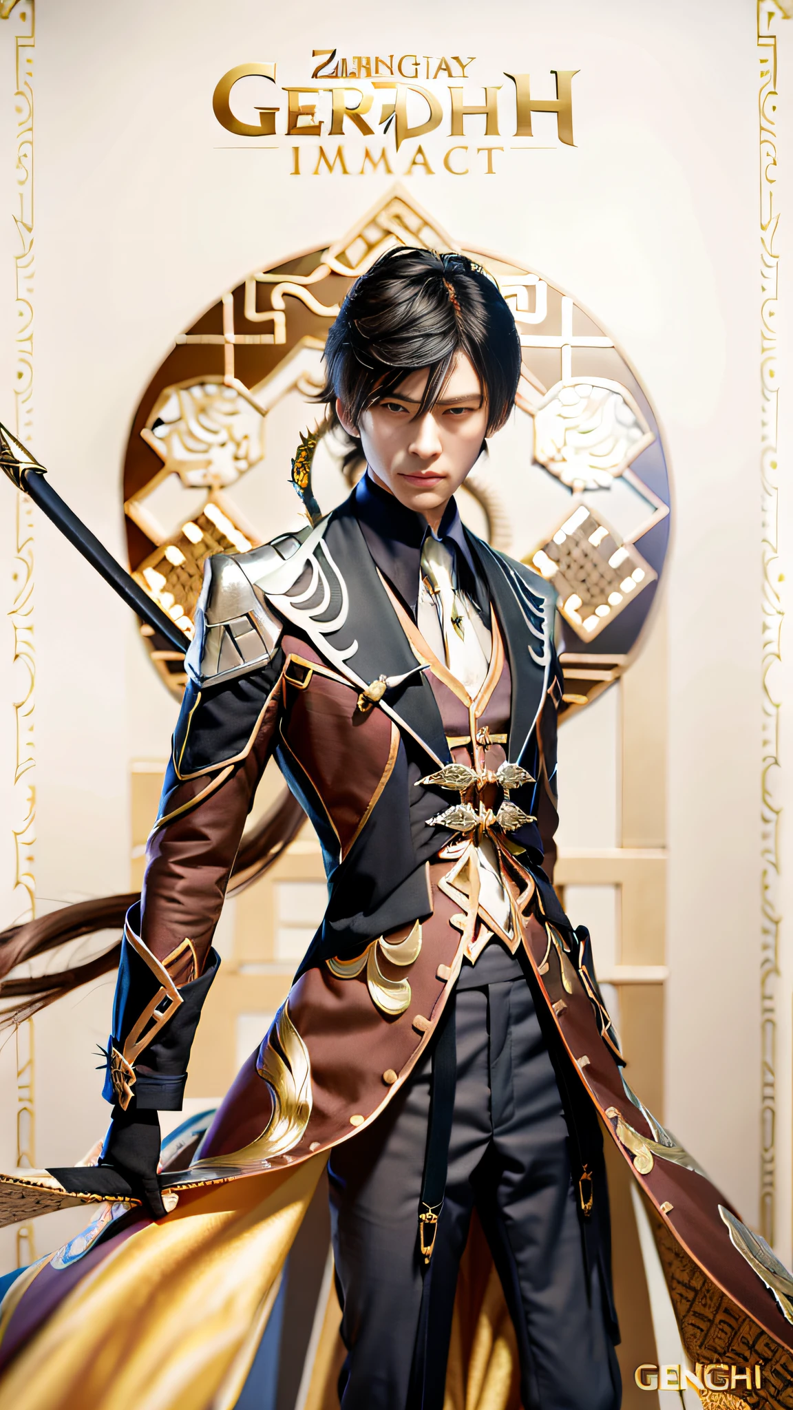 1Men, 8k, high definition, detailed face, detailed face, detailed eyes, detailed suit, hyper-realistic, + cinematic shot + dynamic composition, incredibly detailed, sharpen, details + superb details + evening with light + perfectionism ((moody lighting)), fix fingers, polearm at behind, zhongli faces from genshin impact,