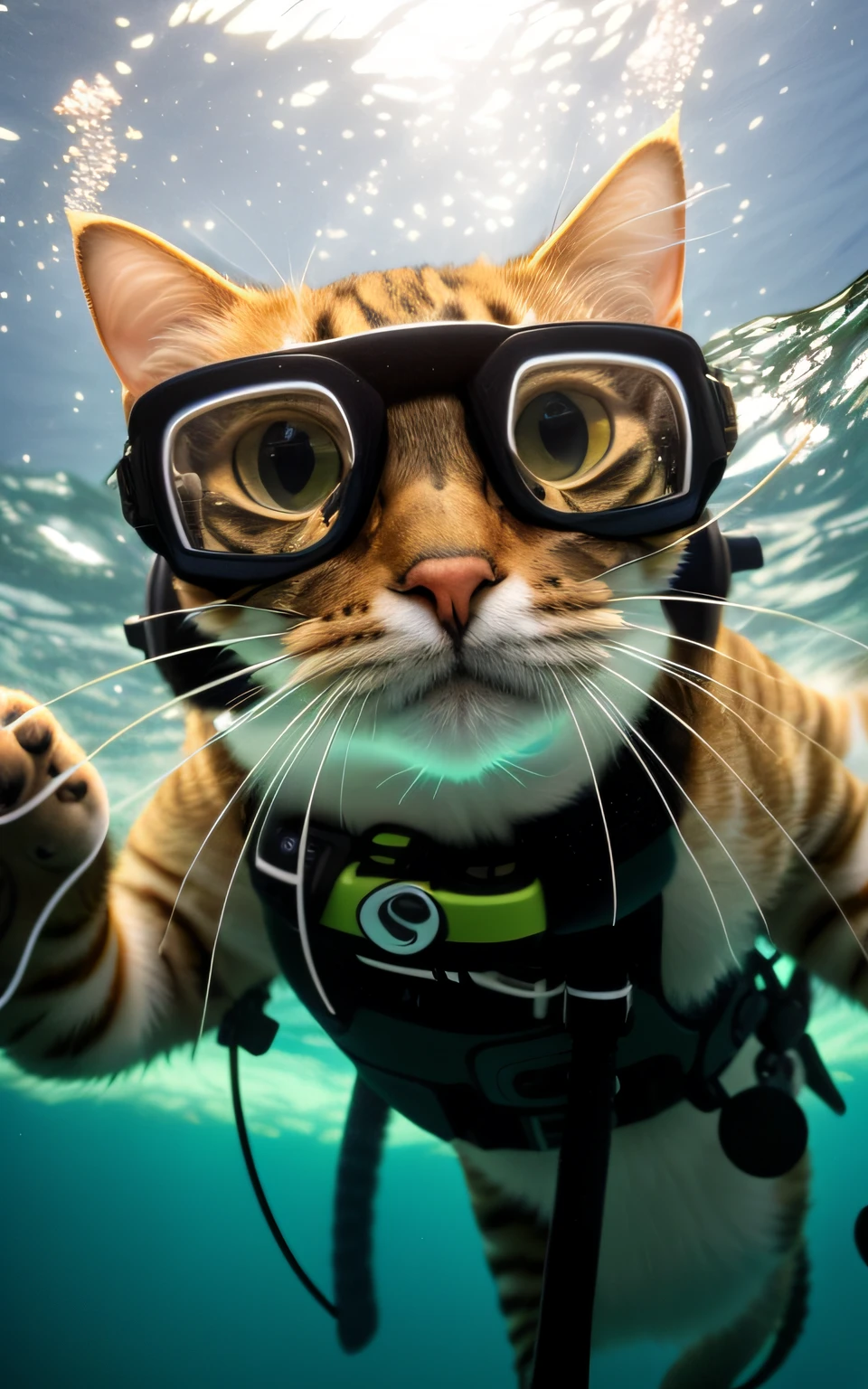 there is a cat wearing goggles and a life jacket in the water, a cat swimming in water, liquid cat, octopus cat, underwater photo, pov underwater, awesome cat, cat seahorse shapeshifter, fish lens, underwater shot, underwater perspective, goggles around his neck, cyborg cat, underwater photography, underwater photograph, waving at the camera, fish lense --auto