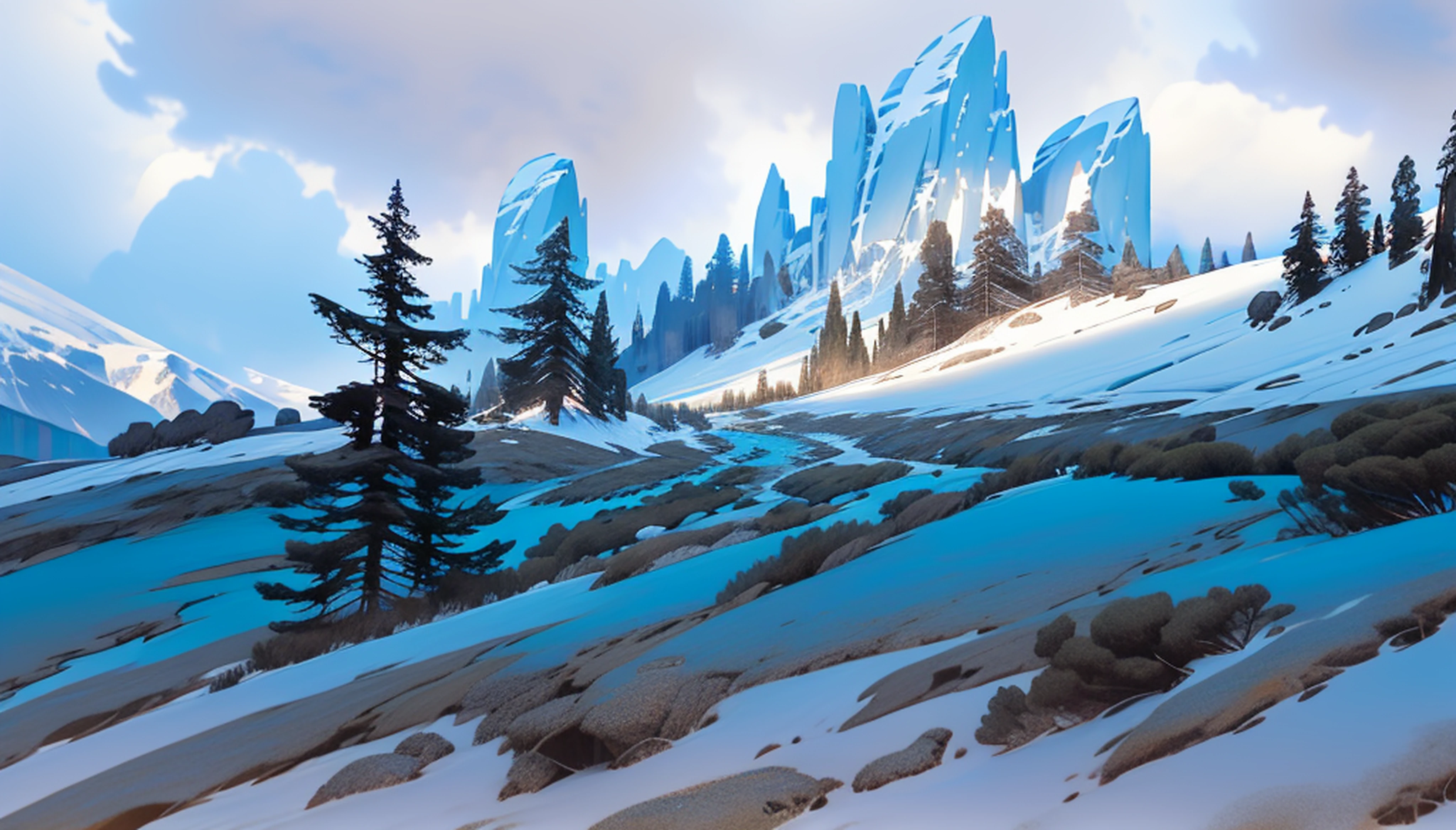 Snow-covered peaks,overcast day, snowy mountain landscape,Frozen,glacier,ice cubes,game background,high qulity,tmasterpiece,