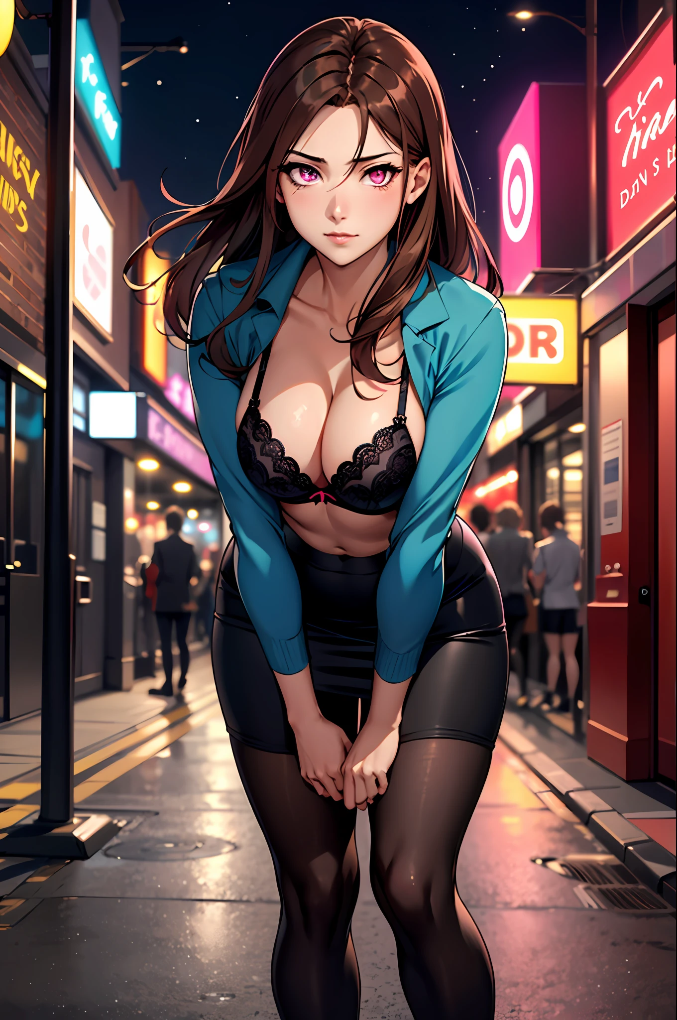 Bewitching anime busty woman in blue suit and tight skirt、Pink eyes、Black tights,Inviting look、Show off your chest、The bra is slightly visible、Shirt and long brown hair,Ecchi anime style, bending forward,Kamimei,Red Light District at Night,neons、Bokeh in the background