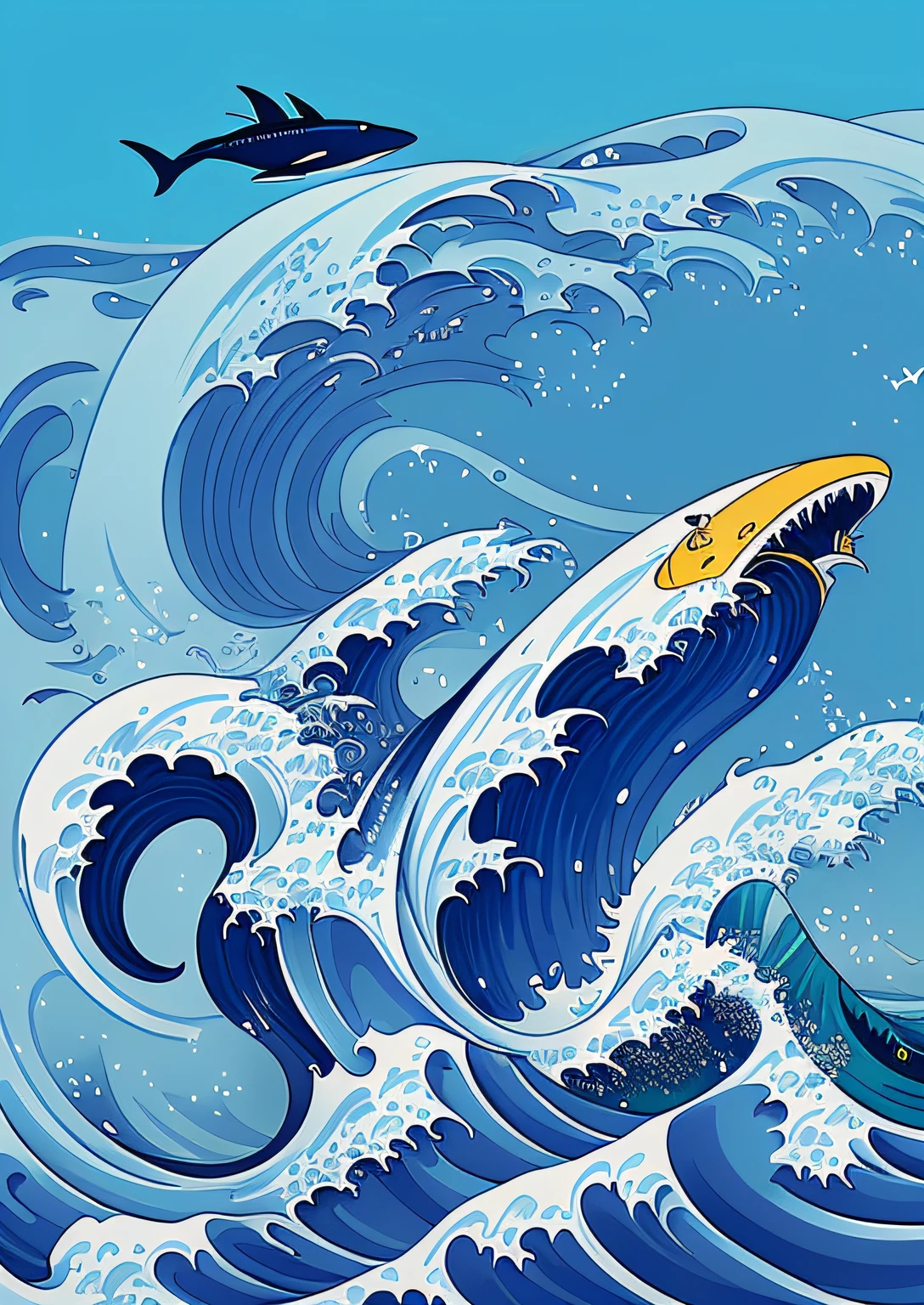 There is a photo of surfers riding waves with sharks, Greatwave, highly detailed vector art, great wave off kanagawa, great wave off kanagawa, great wave of hokusai, inspired by Katsuchika Hokusai, inspired by Katsushika Hokusai, A beautiful artwork illustration, in the art style of ukiyo - e